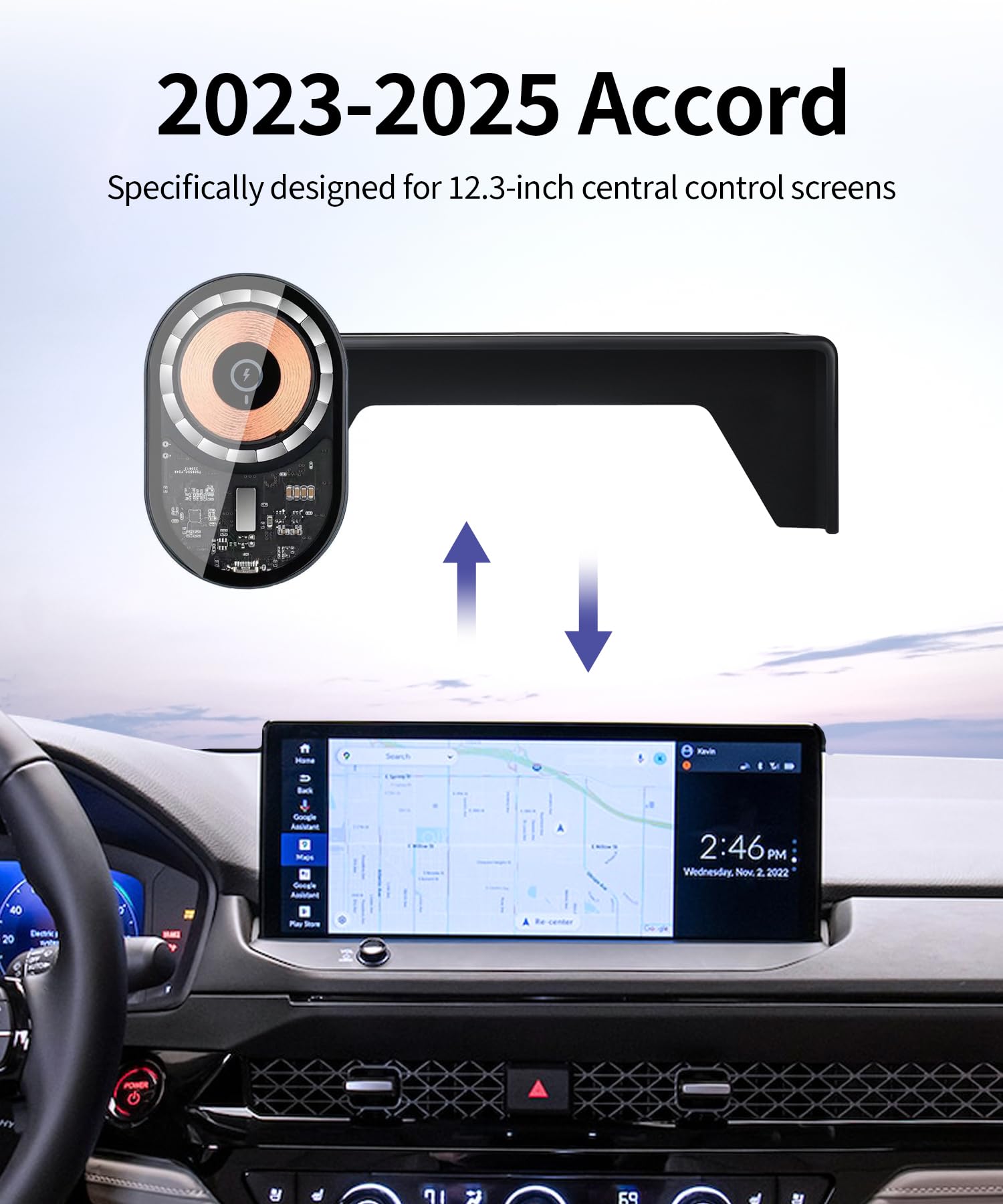 Masergogo Wireless Charging Car Phone Holder For Honda Accord/Hybrid 2023-2025 Accessories 12.3 Inch Screen Fixed Clip,360 Rotat