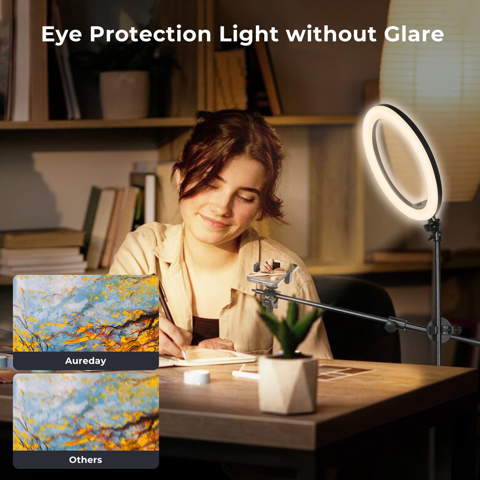 Aureday 12'' Selfie Ring Light With Stand And Phone Holder, Overhead Ringlight Tripod For Iphone Photography-Led Circle Lighting