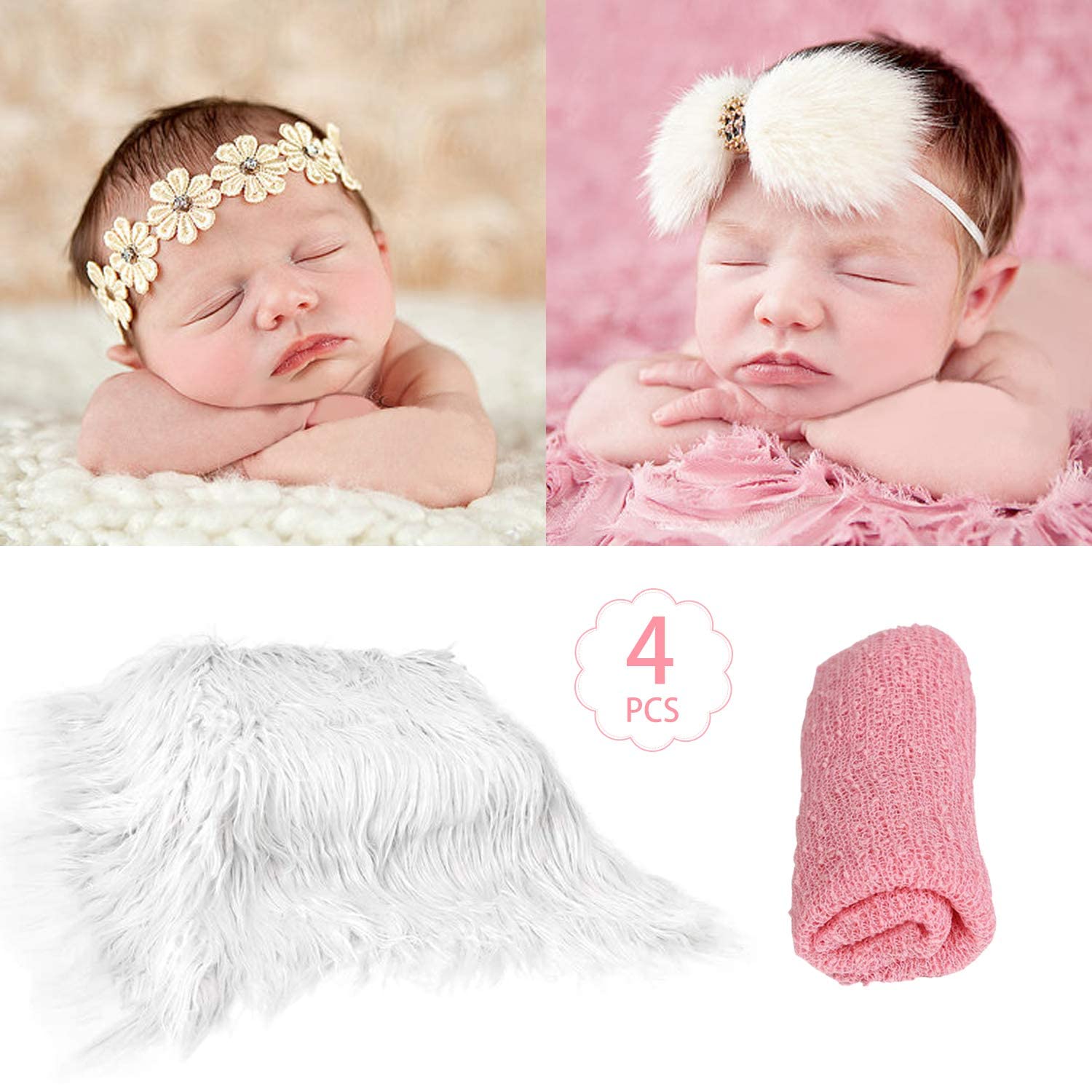 Spokki 4 Pcs Newborn Photography Props Outfits  Baby Long Ripple Wrap And Toddler Swaddle Blankets Photography Mat With Cute Headbands For Infant Boys Girls(0 12 Months) (White)