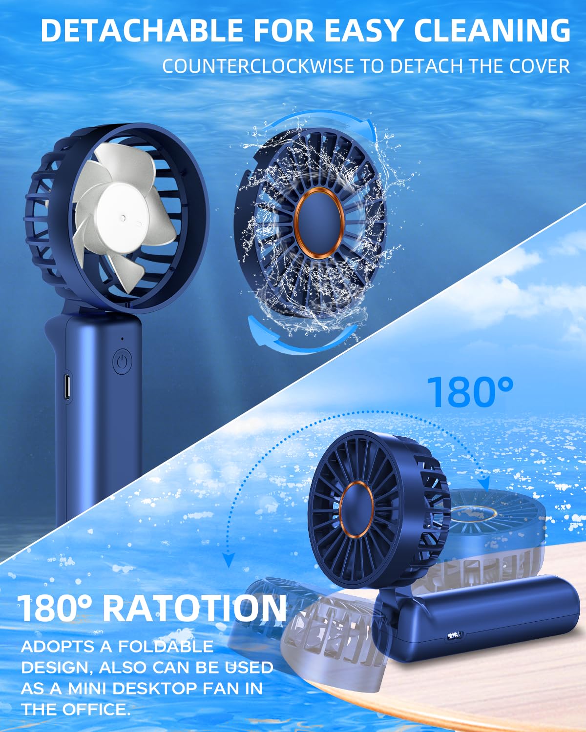 Hssio Portable Mini Fan, Handheld Fan, Small Desk Fan 180 Adjustable, 3 8 Hours Working Time, 3 Speeds, 2000Mah Battery Operated