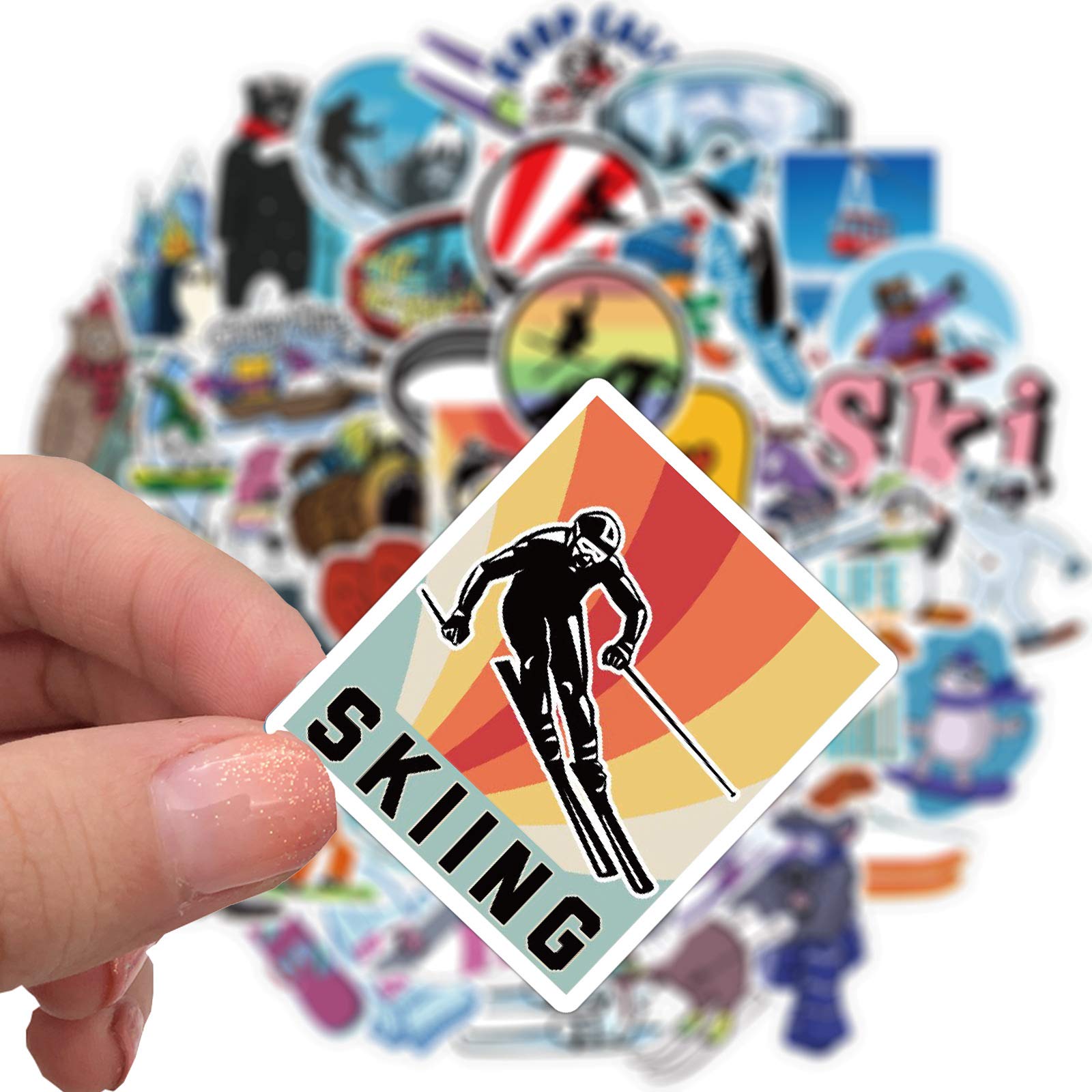 Winter Skiing Stickers Pack 50Pcs Colorful Waterproof Ski Cartoon Stickers For Flask, Laptop, Water Bottle, Cute Aesthetic Vinyl