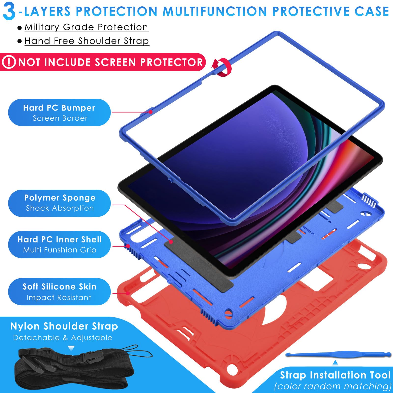 Detuosi Kids Case For Samsung Galaxy Tab S9/ S9 Fe 5G Lte/Wifi 11'' 2023 With S Pen Holder + Shoulder Strap,3 Layer Hybrid Heavy