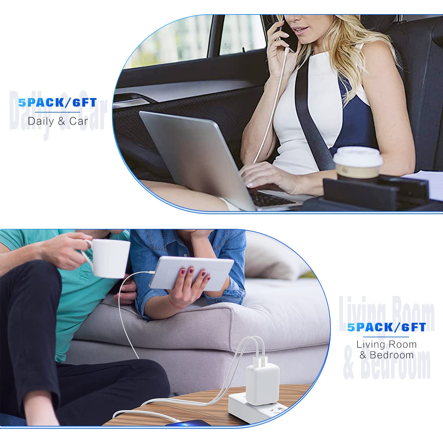 Lightning Cable 5Pack[6/6/6/6/6Ft] Apple Mfi Certified Long Iphone Charger Fast Charging High Speed Data Sync Usb Cable Compatible Iphone 13/12/12 Pro/Max/11/11Pro/Xs/Max/Xr/X/87/6Plus/Ipad Air