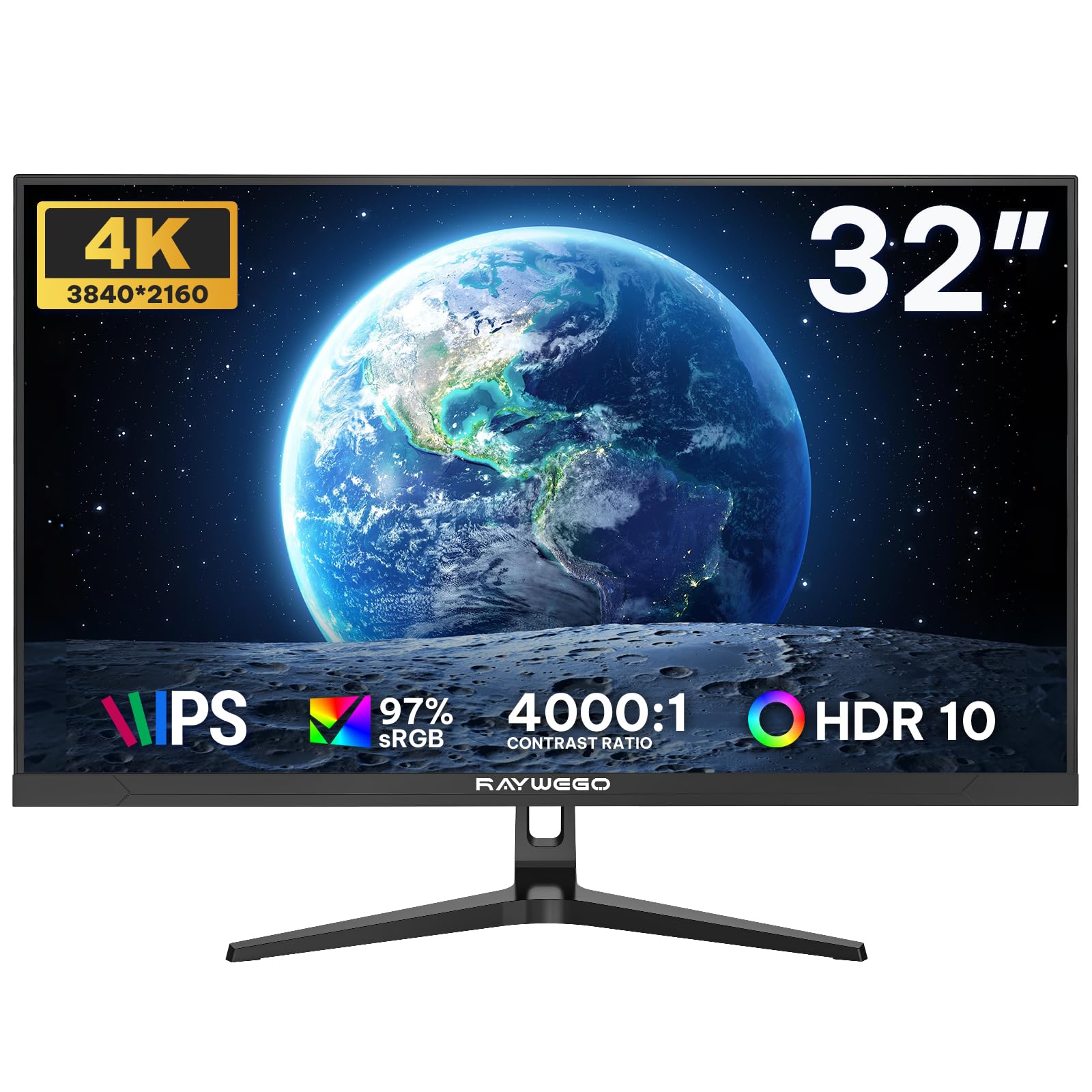 Raywego 32-Inch 4K Gaming Computer Monitor 60Hz UHD 3840x2160, 99% sRGB, HDR10, FreeSync, Low Input Lag, Billions of Colors, Fra