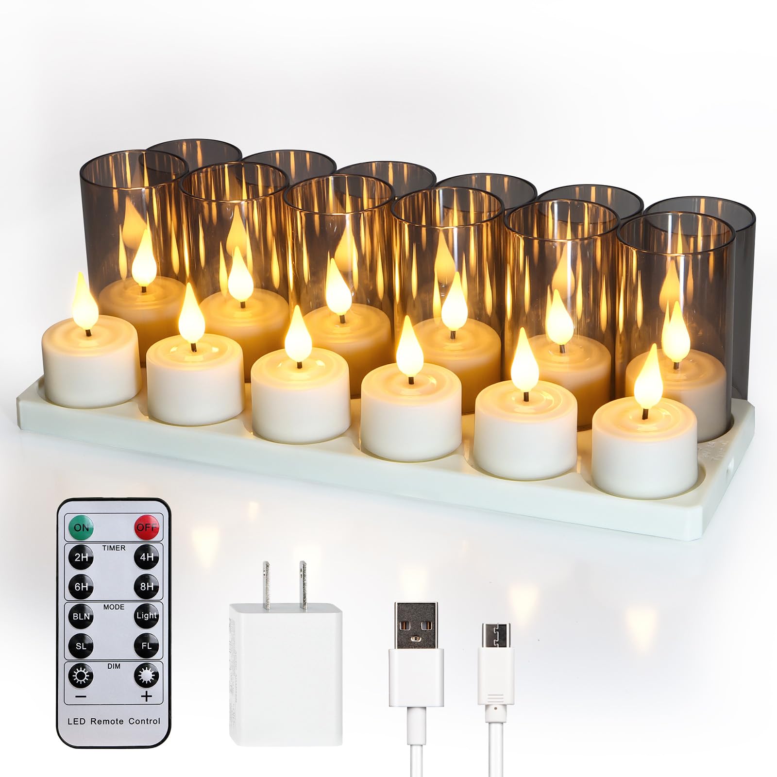 Fpoo Rechargeable Tea Lights Candles With Remote Timer, 12 Packs Flameless Flickering Led Tea Lights Votive Candles With Usb Cha