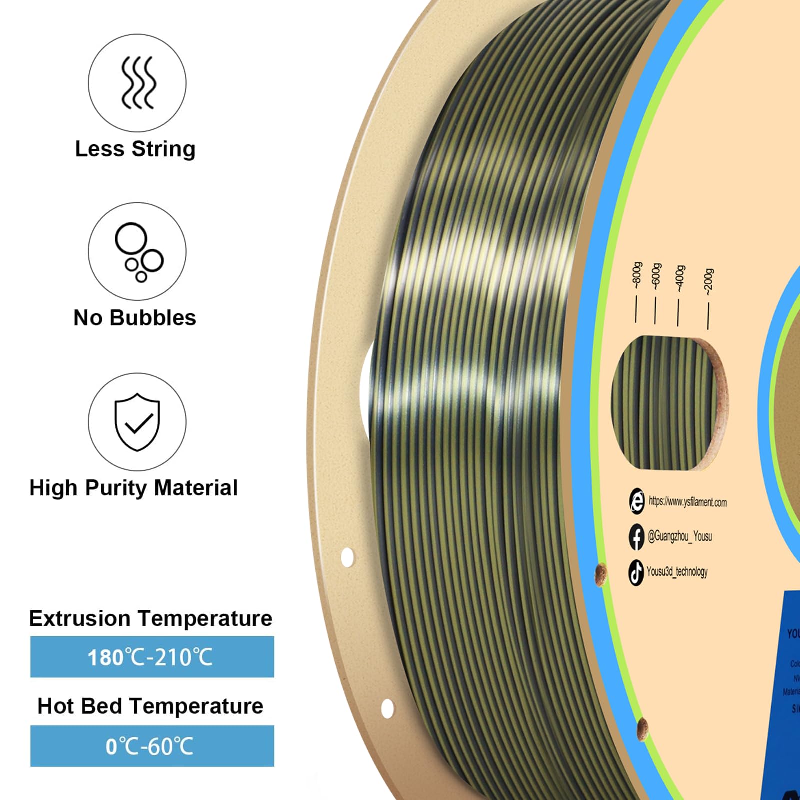Yousu Silk Dual Color Pla Filament, Coextrusion Filament, Multicolor 3D Printer Filament 1Kg, Dichromatic Filament 1.75Mm (