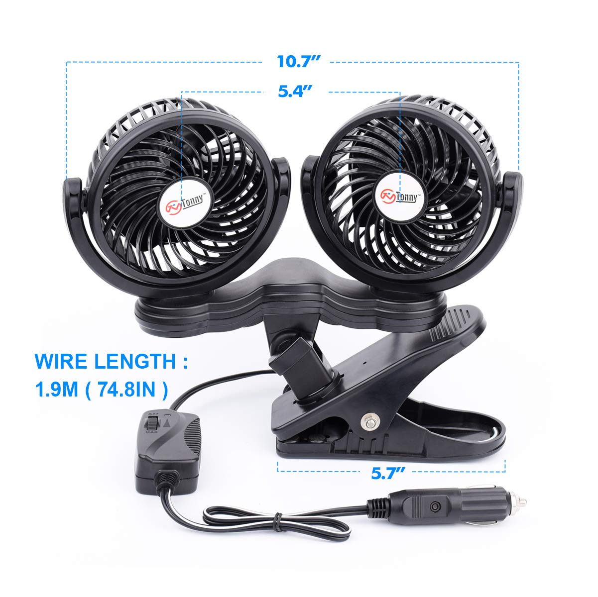Tn Tonny Flexible Dual Head Car Fan, 4 Inches Electric Car Clip Cooling Fans 180 Rotatable, Car Back Seat 12V Air Cooling Fan Wi