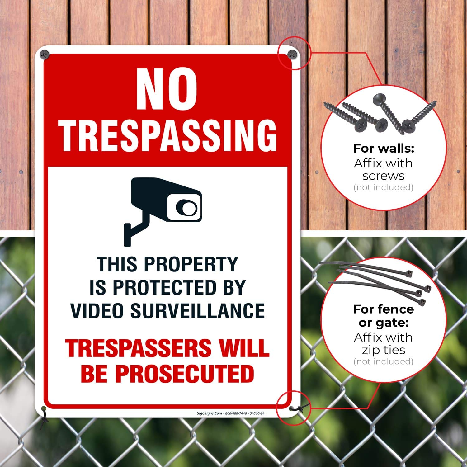 Sigo Signs   Video Surveillance No Trespassing Sign, Cctv Security Camera, (Pack Of 4) 10X14 Inches, Rust Free .040 Aluminum, Fa