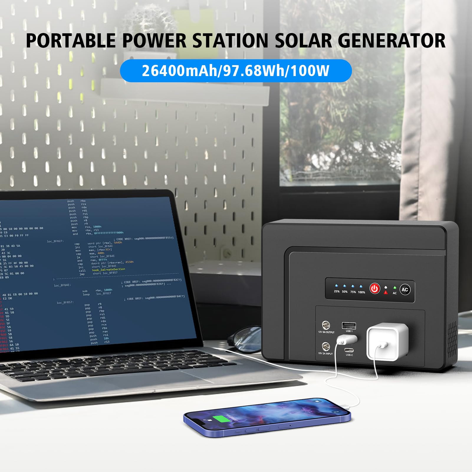 Powkey Portable Power Station With Solar Panel,100W/97Wh Small Portable Generator With Solar Panel 30W,Fast Charging Power Bank