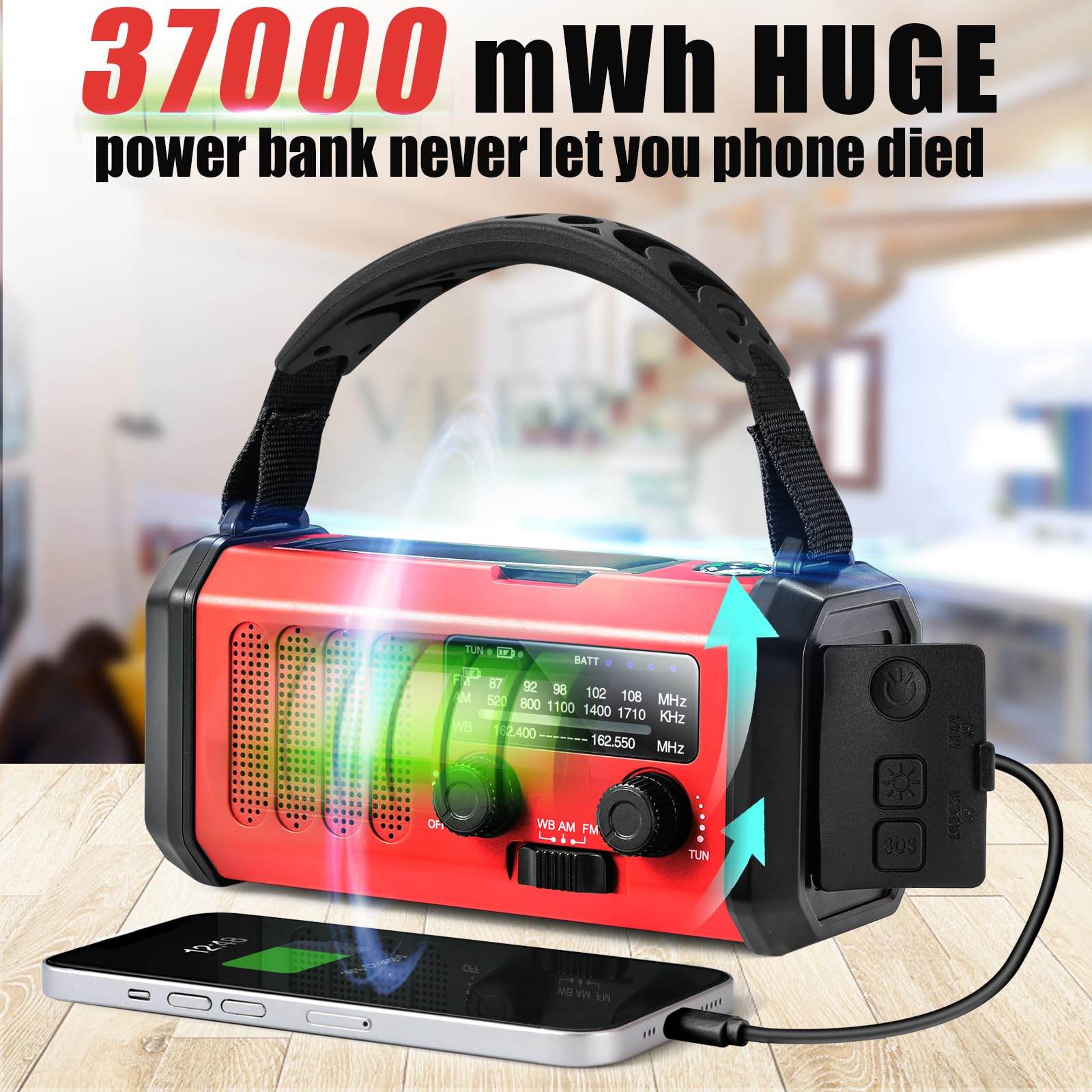 10000Mah Crank Radio, Emergency Radio,Noaa/Am/Fm Weather Radio, Type C Charge,Solar Charging,Sos, 3 Modes Led Torch, Reading Lam