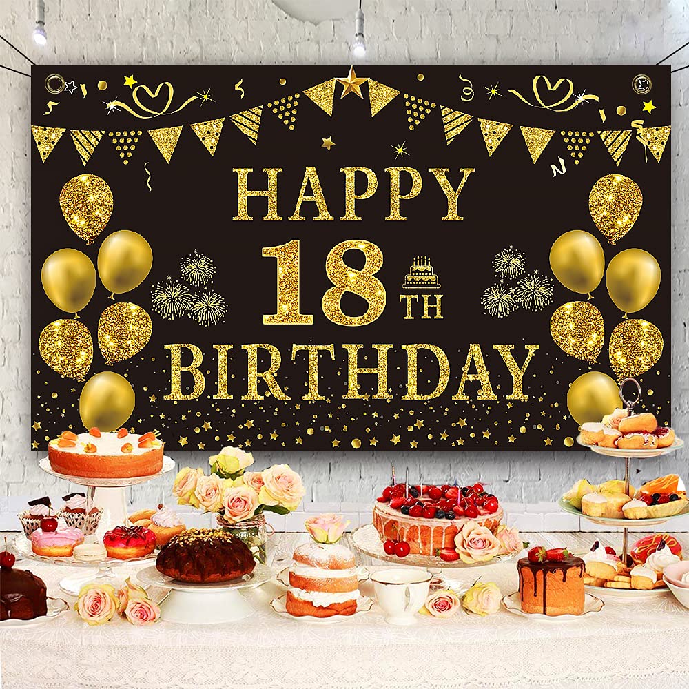 Trgowaul 18Th Birthday Decorations For Men   Black Gold 18Th Birthday Backdrop Banner 5.9 X 3.6 Fts Happy 18Th Birthday Decorati