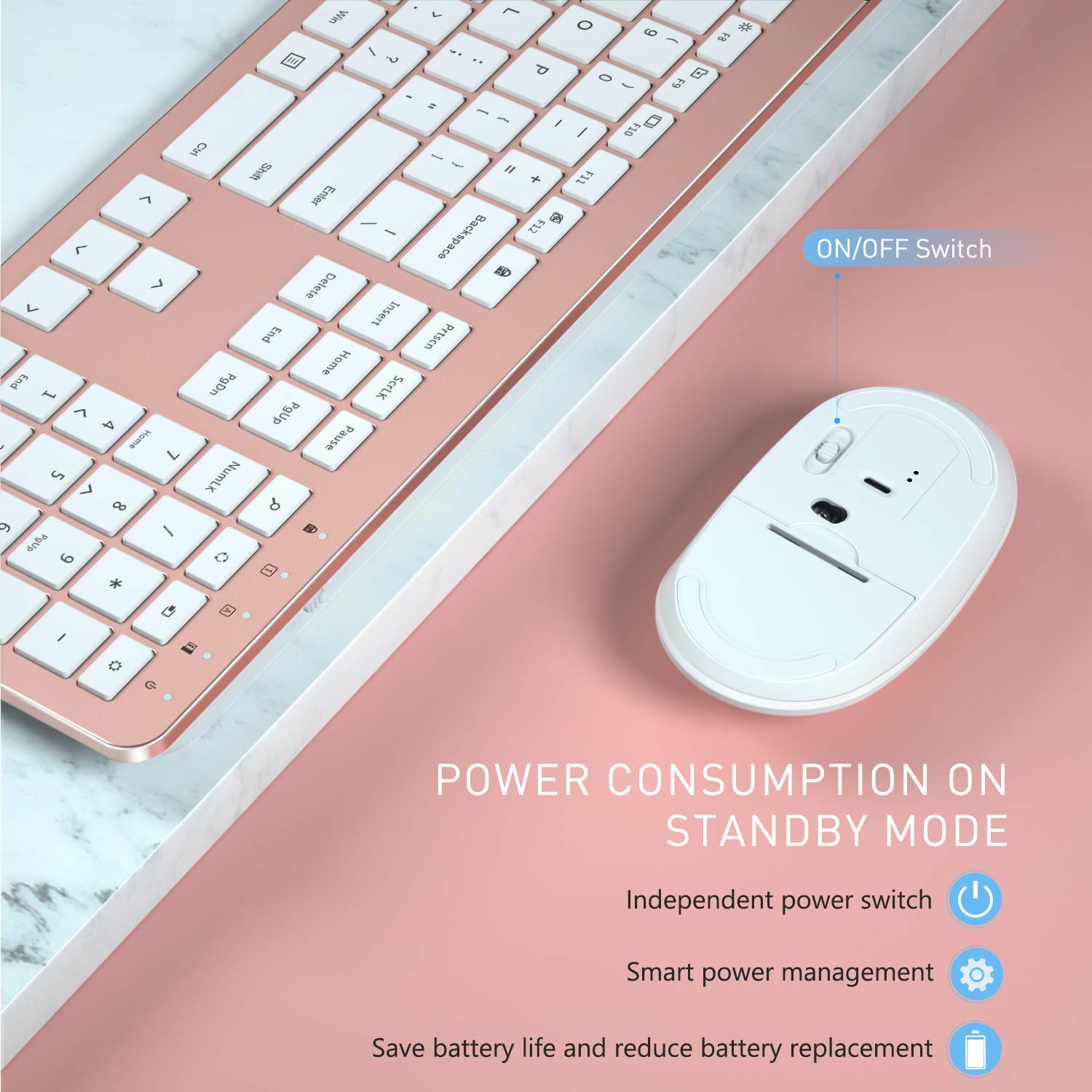 Wireless Keyboard And Mouse Combo   Full Size Slim Thin Wireless Keyboard Mouse With Numeric Keypad 2.4G Stable Connection Adjustable Dpi   Rose Gold & White