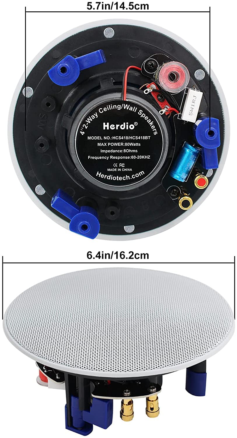 Herdio 320 Watts 2 Way Flush Mount Ceiling Speakers 4 Inches For Bathroom, Kitchen,Living Room,Office 4 Speakers