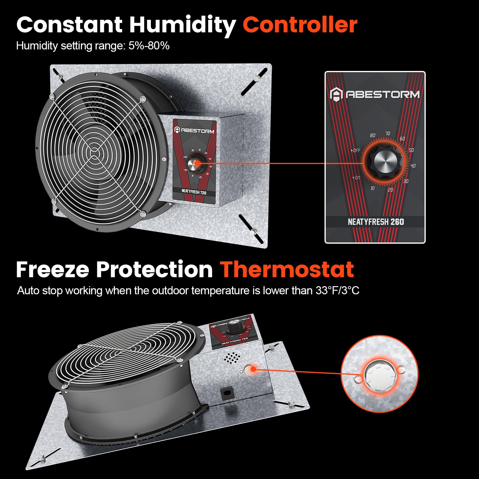 Abestorm 720Cfm High Air Flow Crawlspace Ventilation Fan, Ip55 Rated 10'' Vent Fan With Humidistat Freeze Protection Thermostat