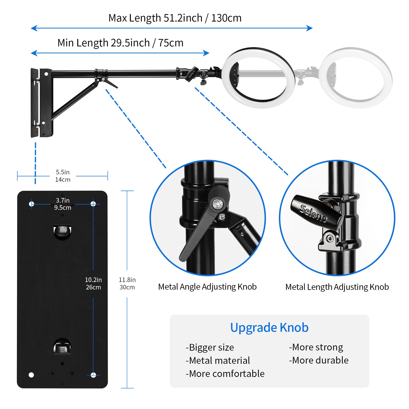 Selens Wall Mount Boom Arm With Triangle Base, Max Length 51Inches/130Cm Adjustable Camera Mount Up To 4.26Ft For Photography St