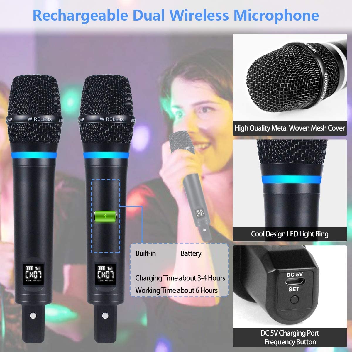 Kithouse S9 Uhf Rechargeable Wireless Microphone System Karaoke Microphone Wireless Mic Cordless Dual With Bluetooth Receiver Bo