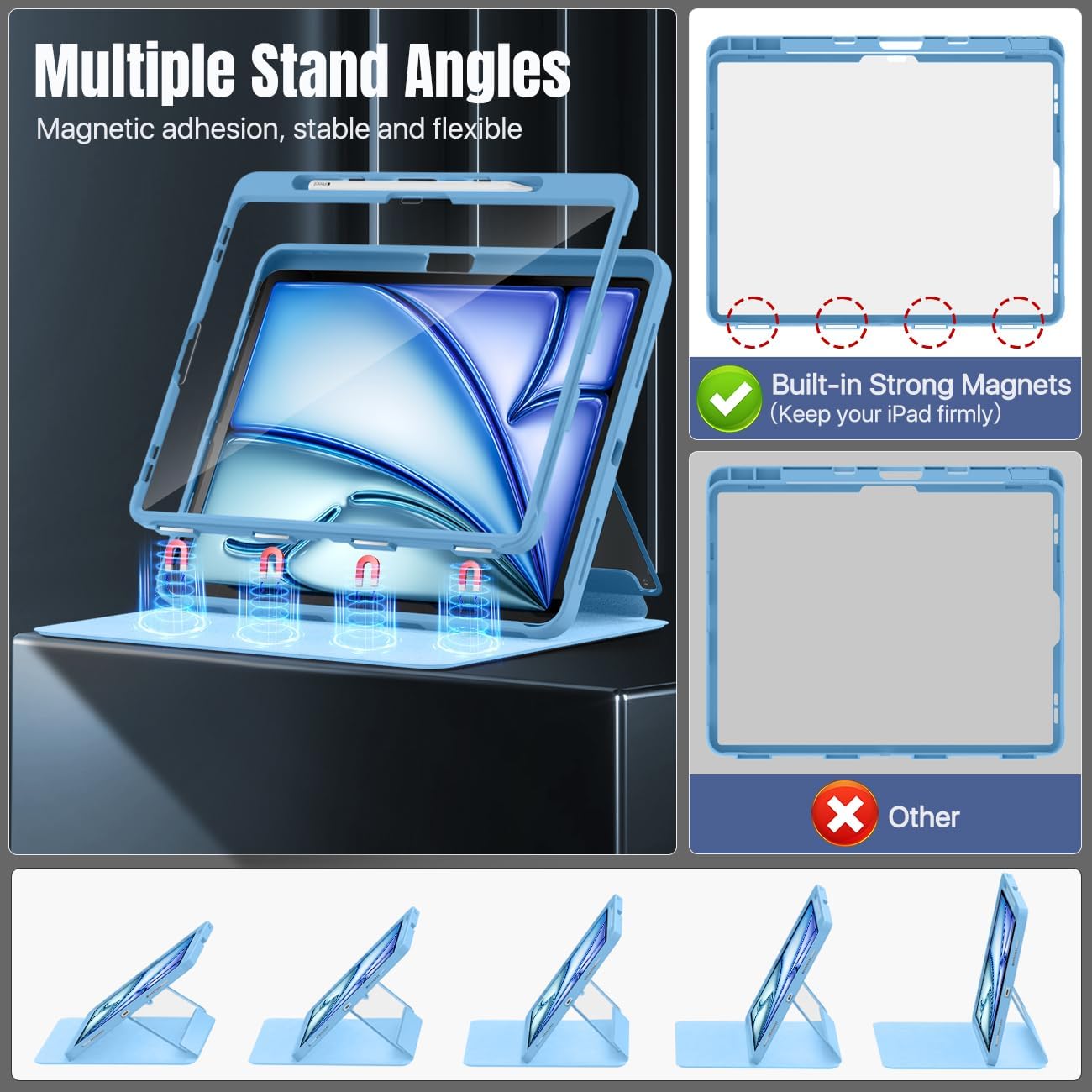 MoKo for iPad Air 13 Inch Case M2 2024 with Pencil Holder, iPad Air 13 Case, [Built in Screen Protector], iPad Air 13' Case with Clear Back & Magnetic Multi Angle Stand Cover, Sunny Blue