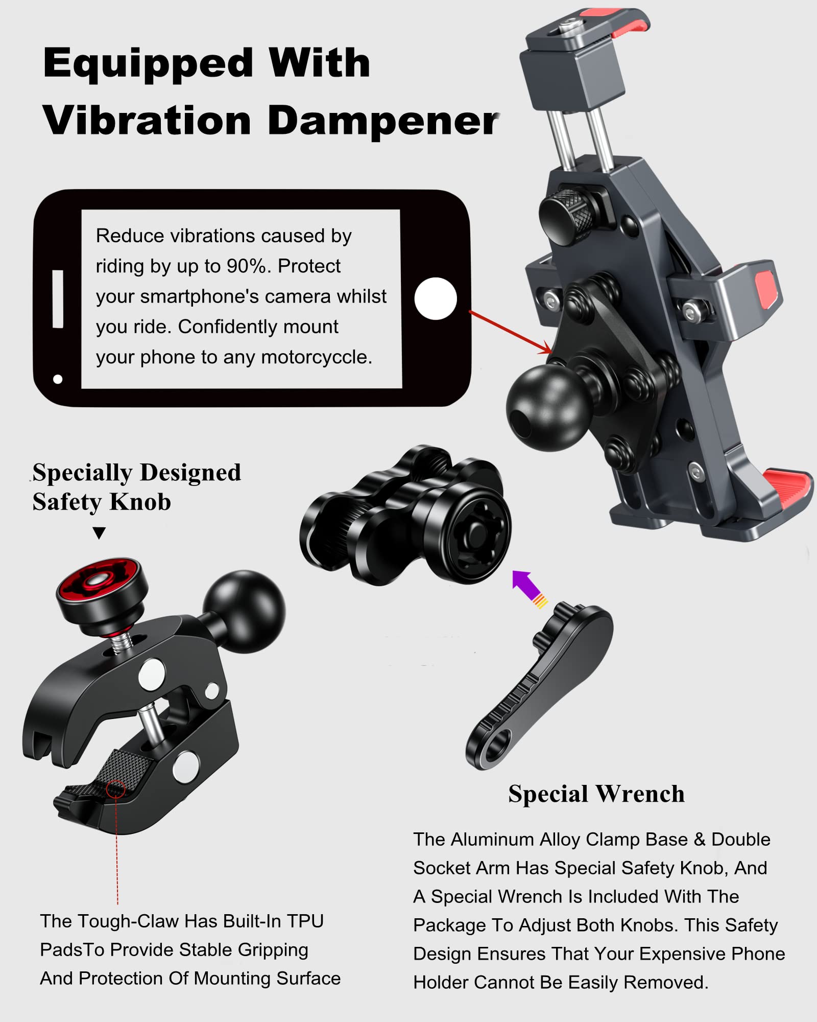 Brcovan Aluminum Alloy Motorcycle Phone Holder With Vibration Dampener & High Speed Secure Lock, Metal Anti Theft Adjustable Mot
