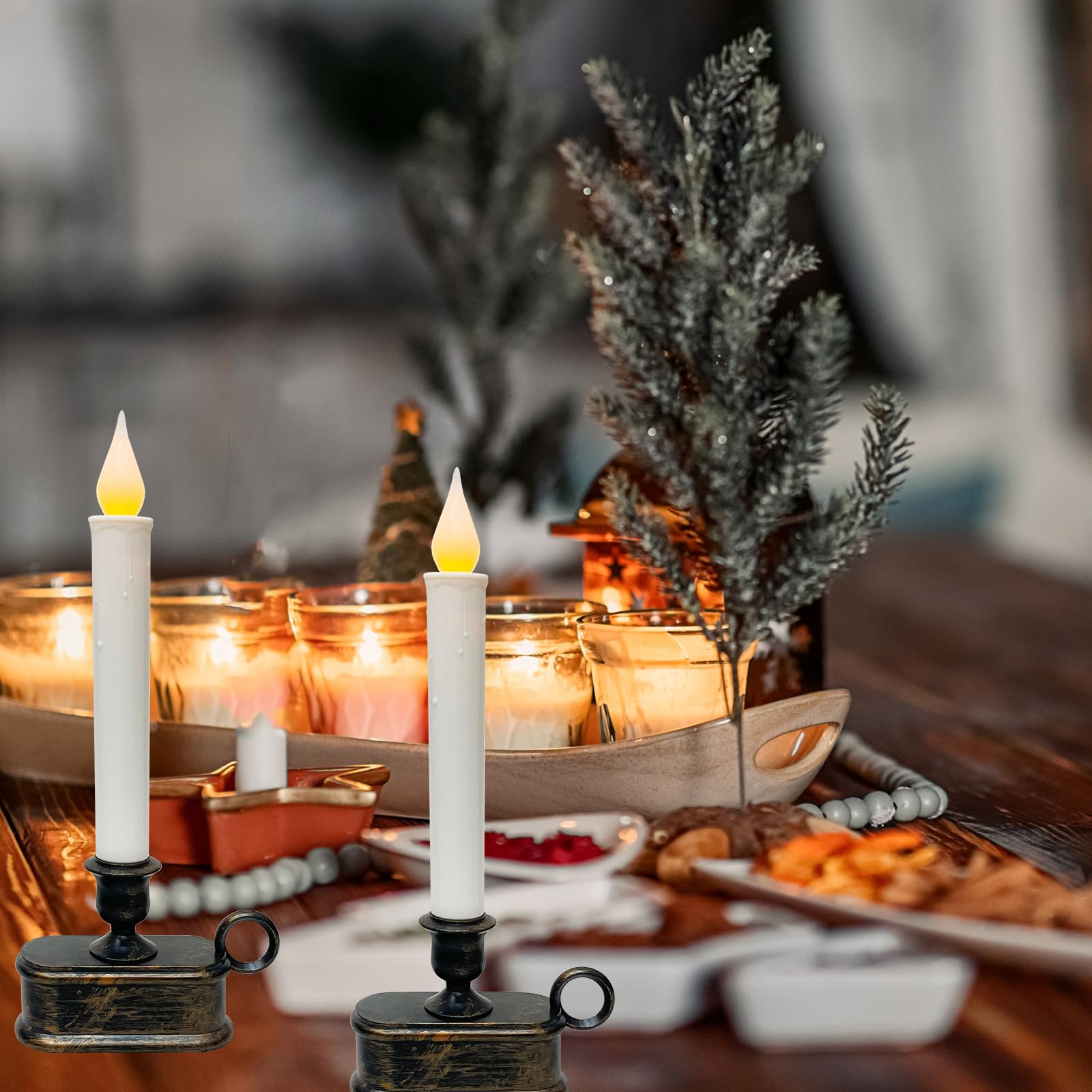 Set Of 4 Battery Operated Led Window Candles, Dusk To Dawn Light Sensor, Flicker Flame Bronze Base, 10 Inch Flameless Taper Cand