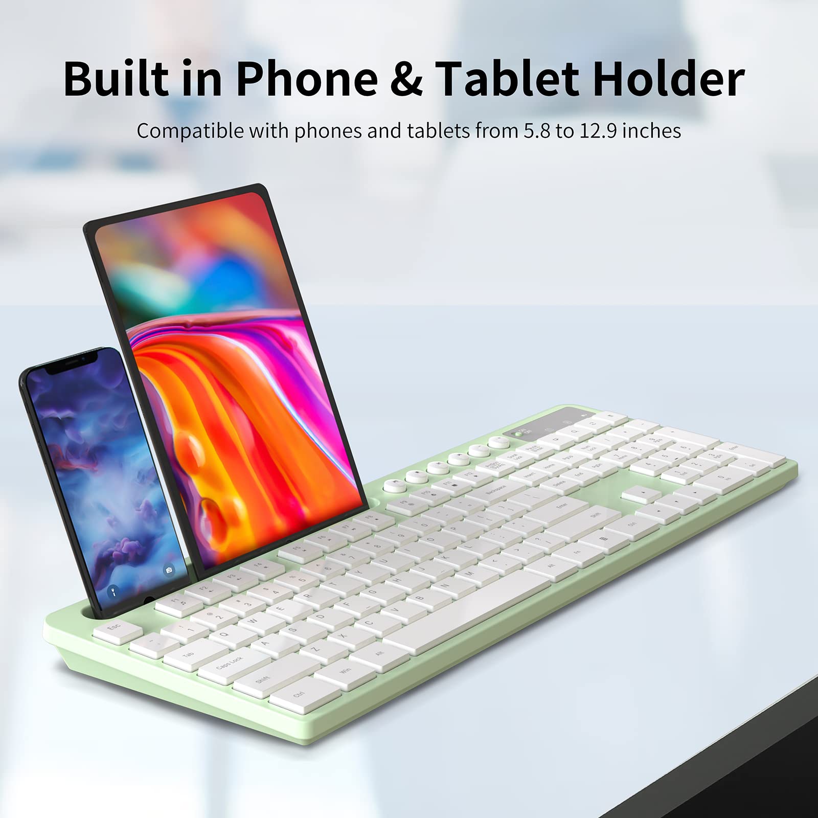 Wireless Keyboard And Mouse Combo, Marvo 2.4G Ergonomic Wireless Computer Keyboard With Phone Tablet Holder, Silent Mouse With 6 Button, Compatible With Macbook, Windows (Green)