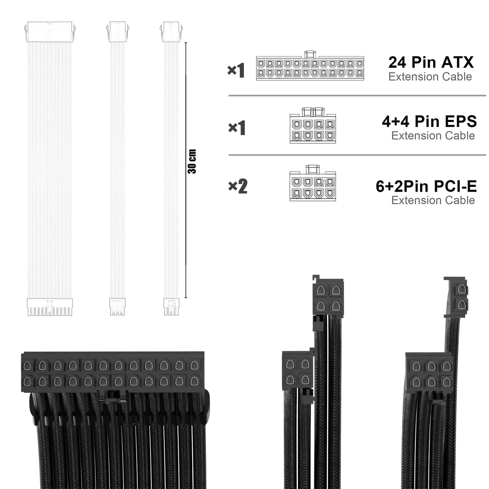 Abno1 Psu Cable Extension Kit With Two Sets Of Cable Combs 1X24Pin/1X8Pin(4+4) Eps/2X8Pin(6P+2P) Pci E/ 30Cm Length,Pc Sleeved C
