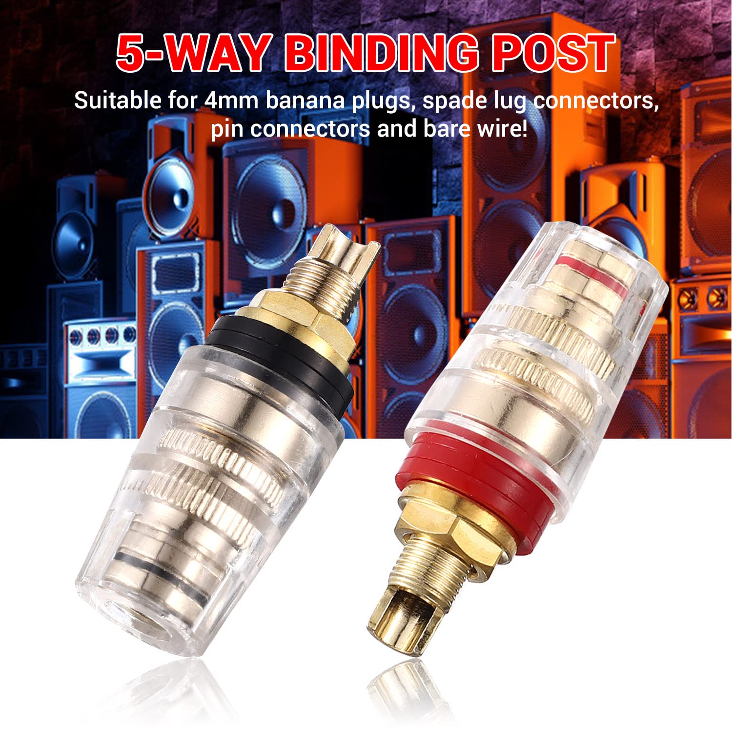 Facmogu 4Pcs Black & Red Heavy Duty 5 Way Binding Post Banana Jacks 4Mm, 24K Gold Plated Sold Brass Insulated Binding Post Banana Plugs, Speaker Amplifier Bindling Post Terminal Connectors   Short
