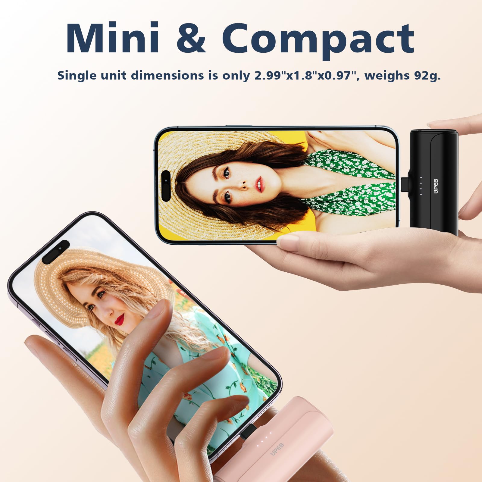 Upeb 2 Packs Portable Phone Charger Iphone 5000Mah With Built In Cable, Mfi Certified Mini Power Bank Cordless External Battery