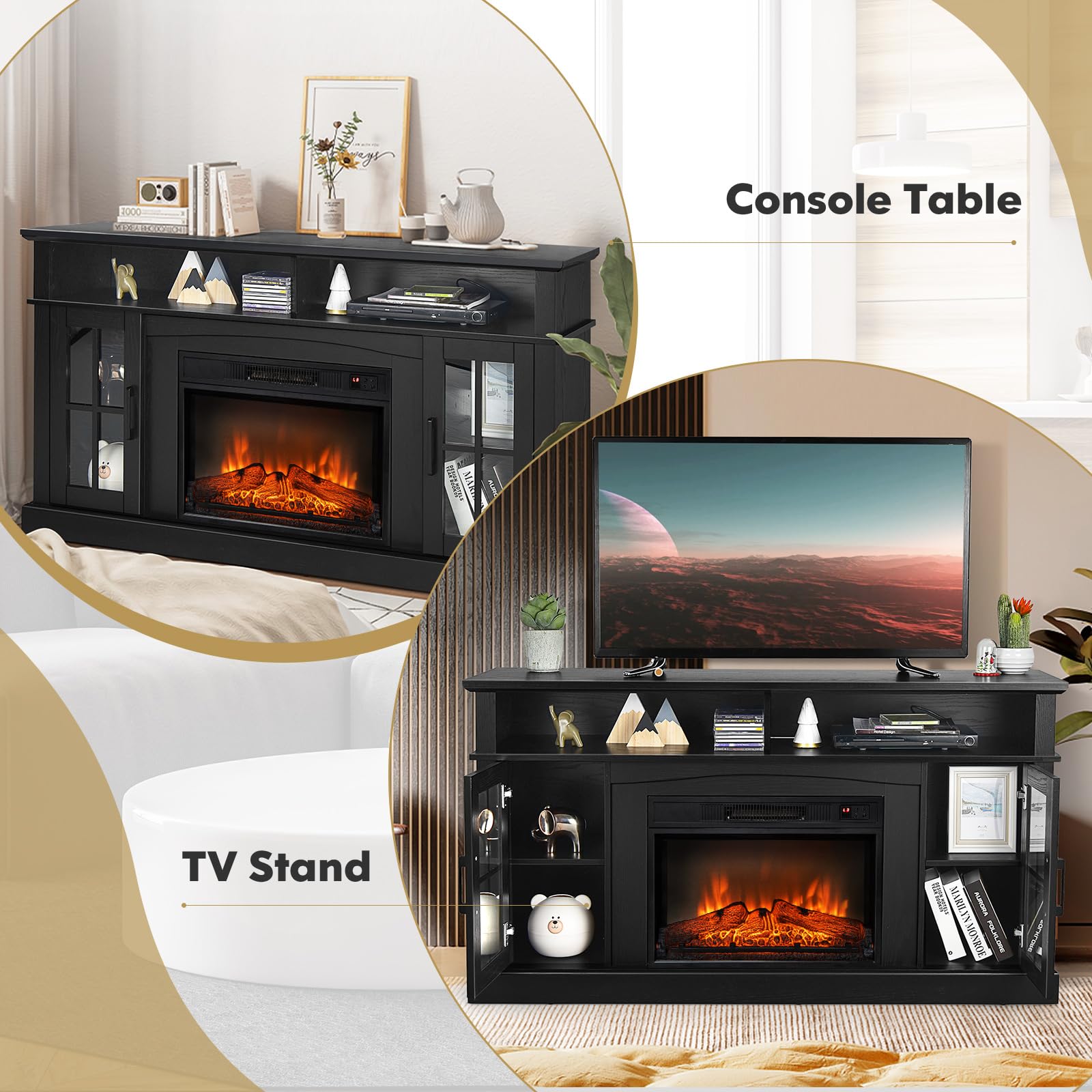 Costway Electric Fireplace Tv Stand For Tvs Up To 65 Inches, 1400W Heater Insert With Remote Control, 6H Timer, 3 Level Flame, Overheat Protection And Csa Certification, Adjustable Shelves, Black