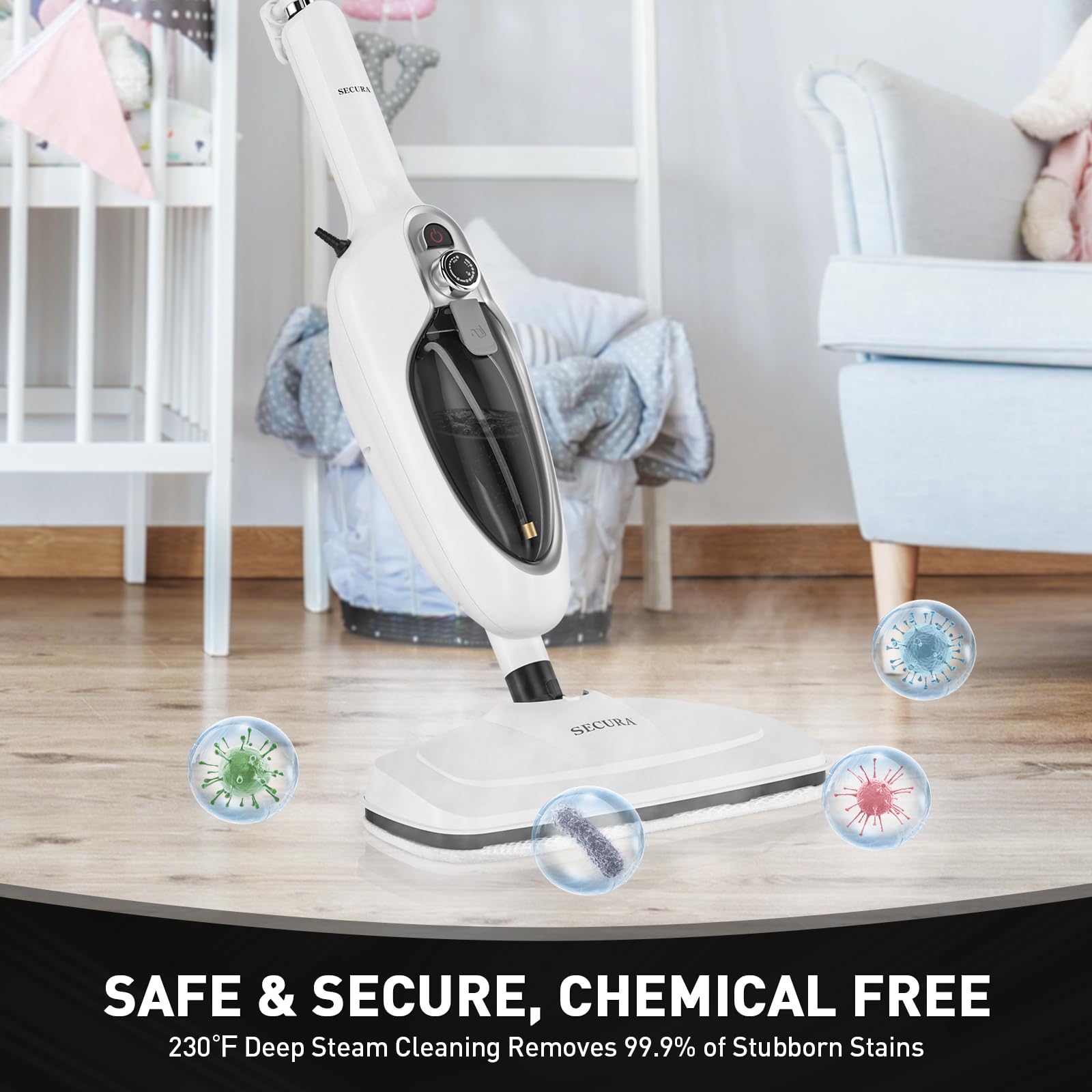 Secura Steam Mop 10 In 1 Convenient Detachable Steam Cleaner, White Multifunctional Cleaning Machine Floor Steamer With 3 Microf