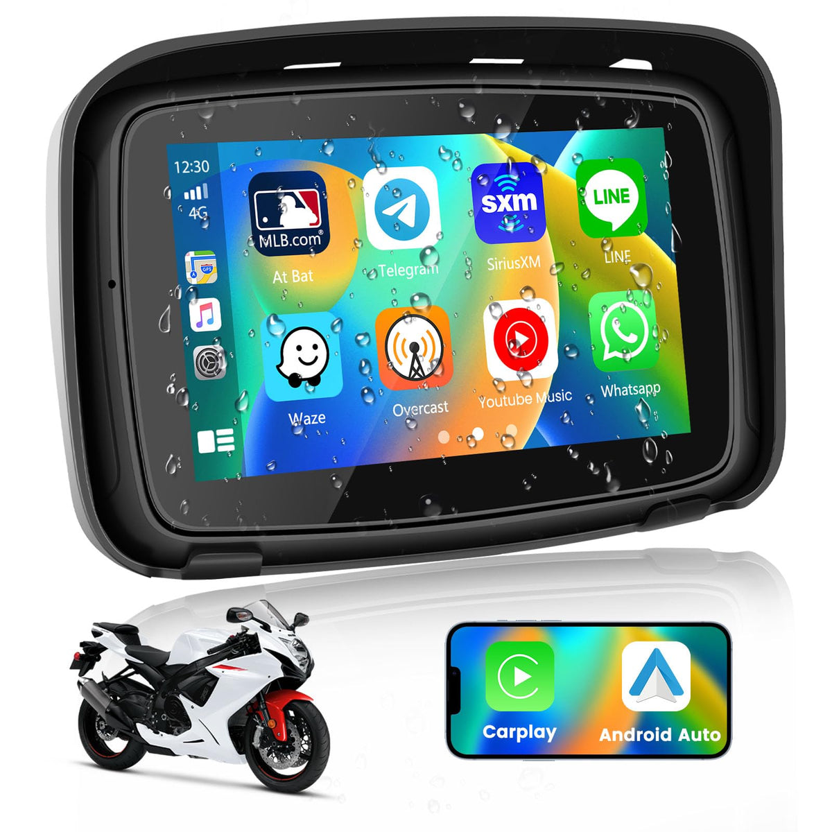 Hikity Wireless Android Auto Apple Carplay Screen For Motorcycle, 5 Inch Waterproof Touchscreen, Portable Car Stereo Bluetooth C