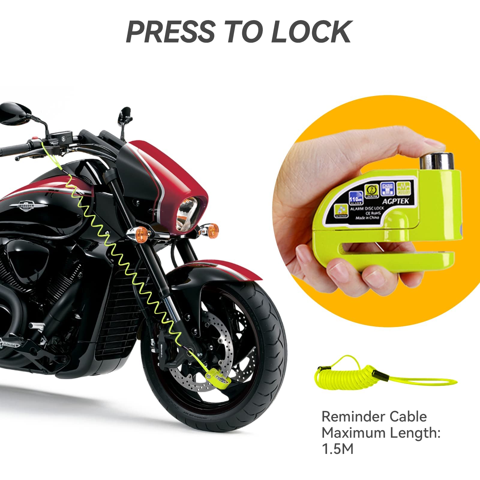 Alarm Disc Lock With 5Ft Reminder Cable, Agptek 110Db Motorcycle Brake Lock Anti Theft Padlock Waterproof With Lock Pin Carrying