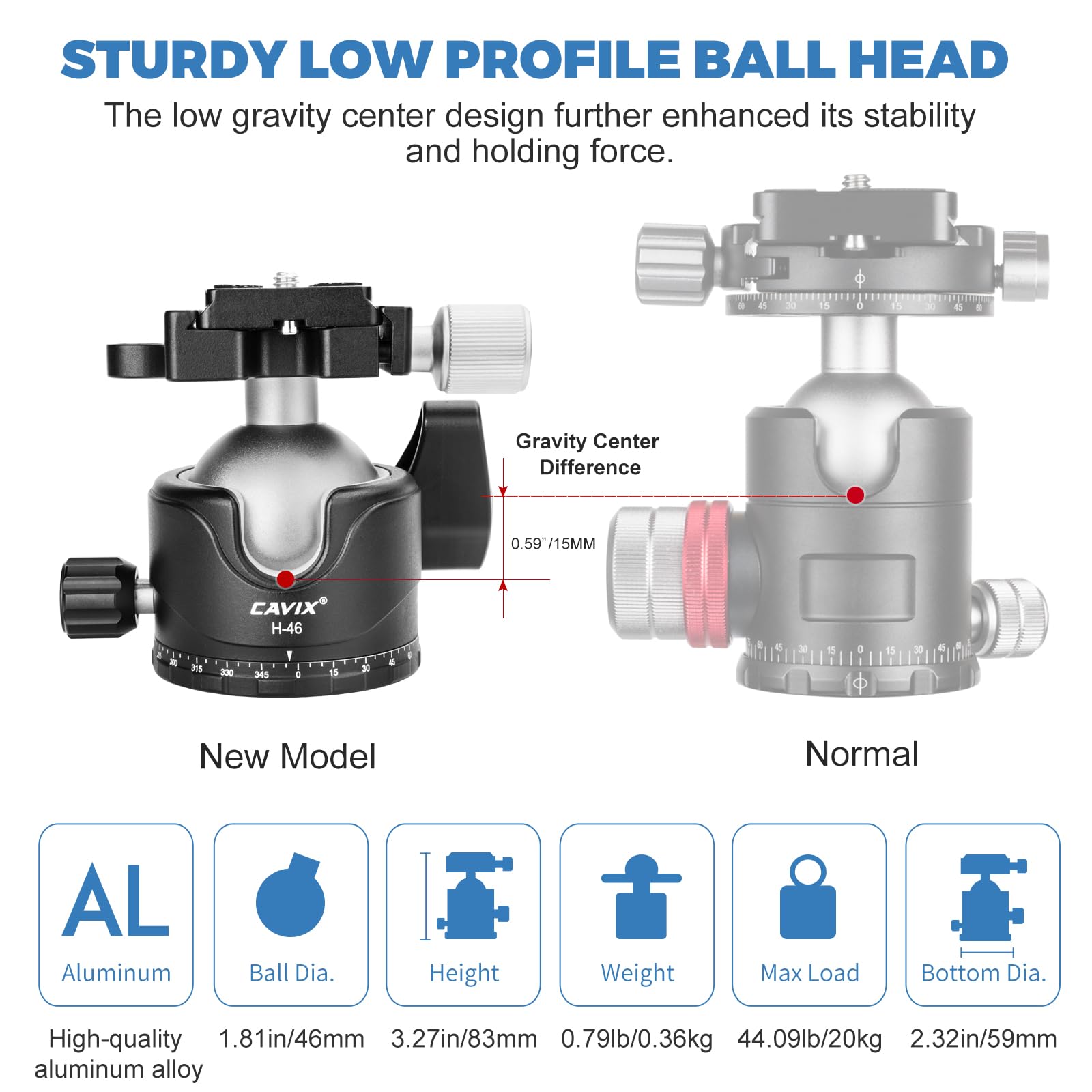 Cavix Tripod Ball Head With 1/4'' Arca Swiss Quick Release Plate Aluminium Tripod Ball Head Mount Large Ball