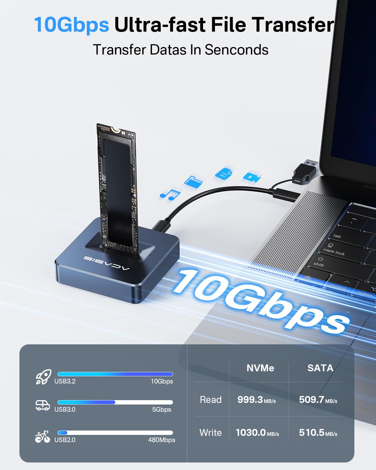 Acasis Nvme To Usb Docking Station, Aluminium Alloy Housing, Fast Heat Dissipation, M.2 Ssd Adapter 10Gbps, Support M.2 Nvme & Sata Based Ssds