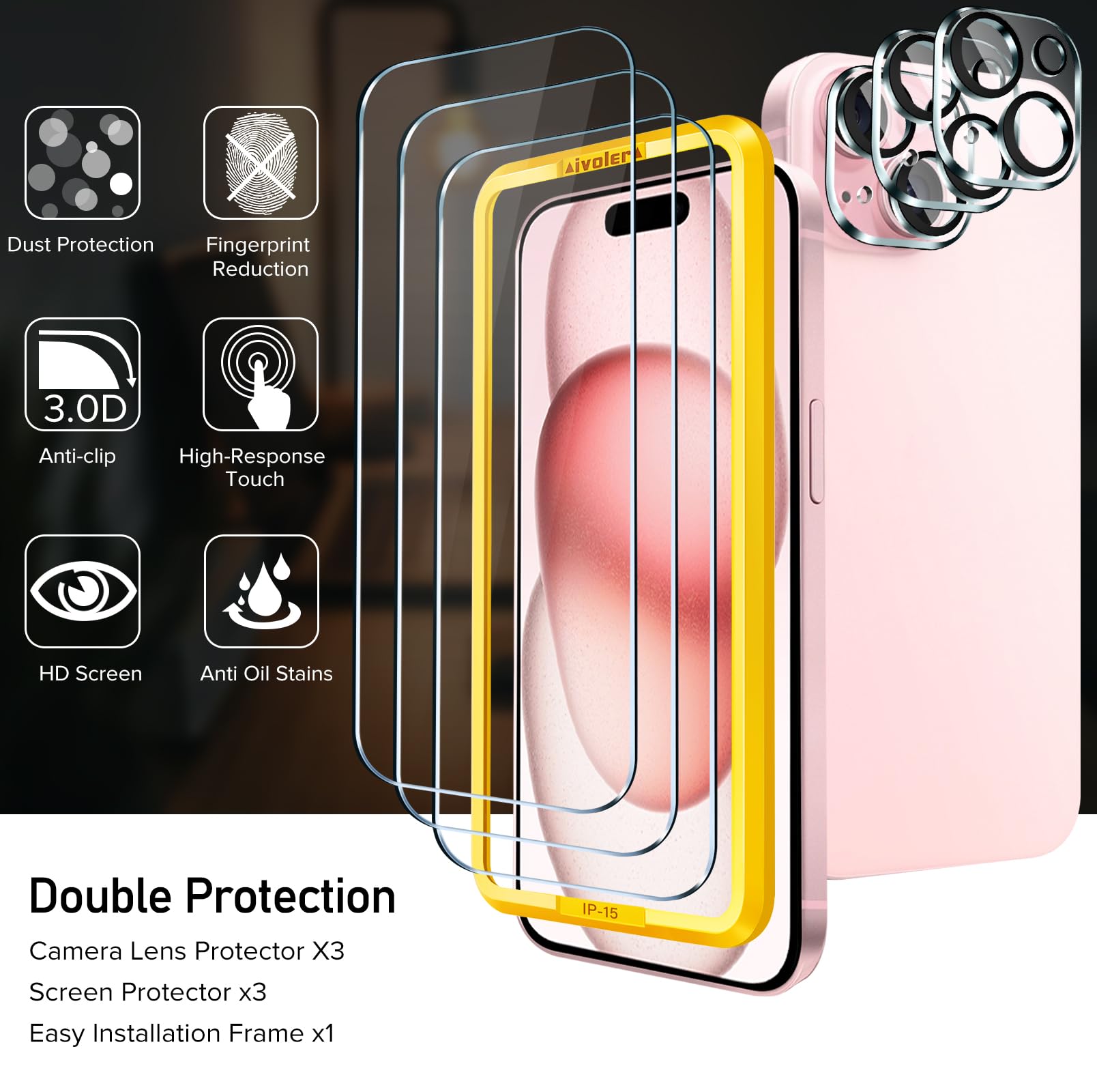 Ivoler 3+3 Pack Tempered Glass For Iphone 15 Screen Protector 6.1'' [3 Pack] With [3 Pack] Camera Lens Protector With [Alignment