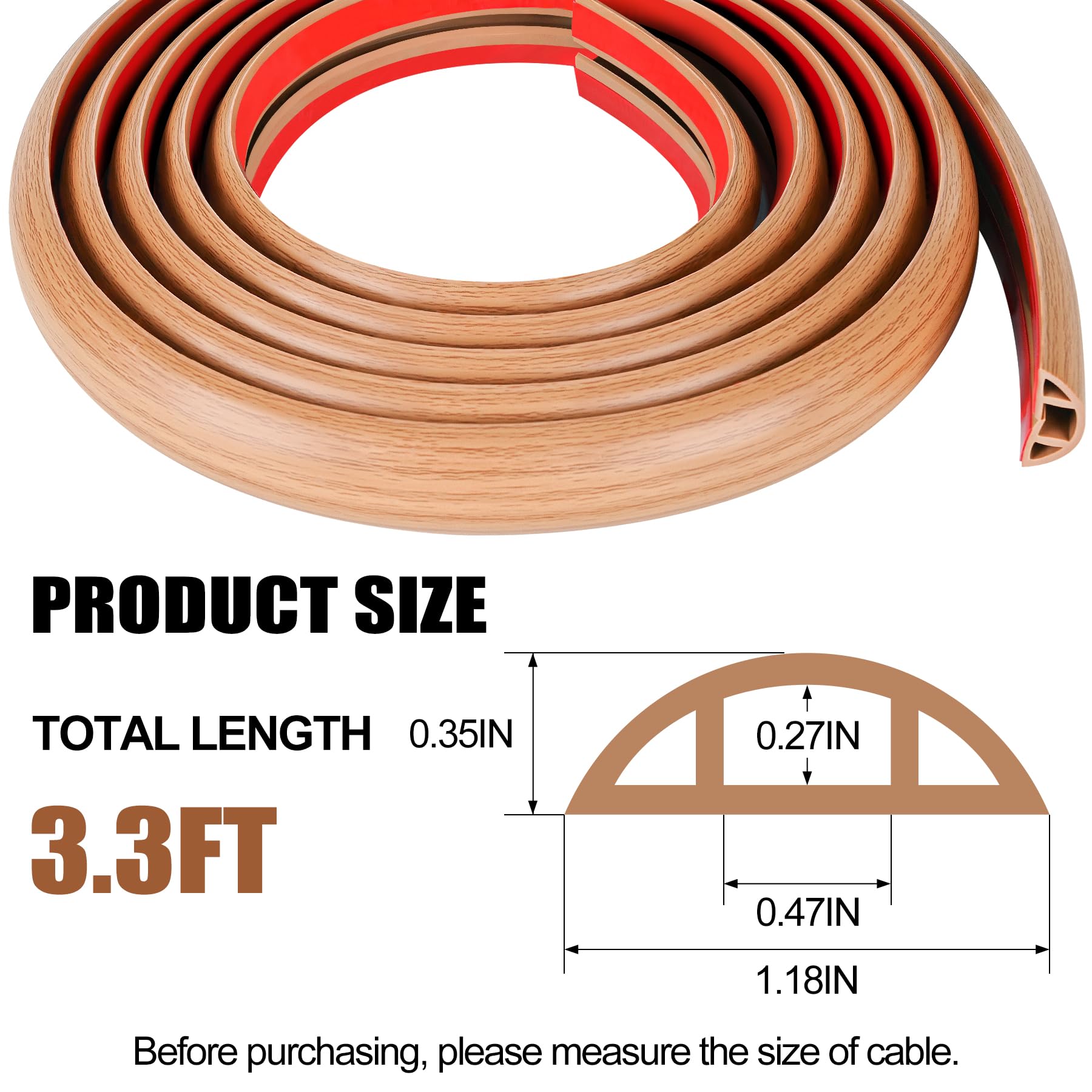MYFAMIREA Self Adhesive PVC Floor Cord Cover Cable Management Brown Wood 3.3FT 1.18''