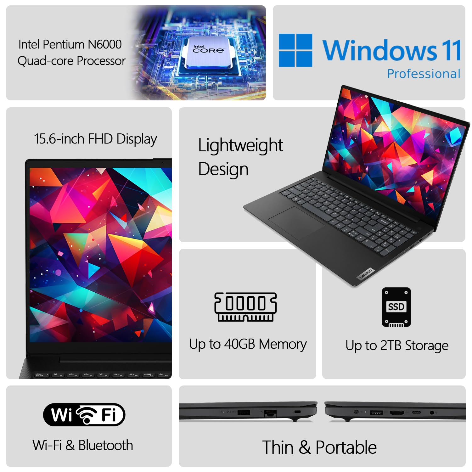 Lenovo 15.6 Laptop, Intel Pentium 4-Core Processor, 24Gb Memory, 1Tb Pcie Ssd, 15.6 Fhd Anti-Glare Display, Ethernet Port, Hdmi,