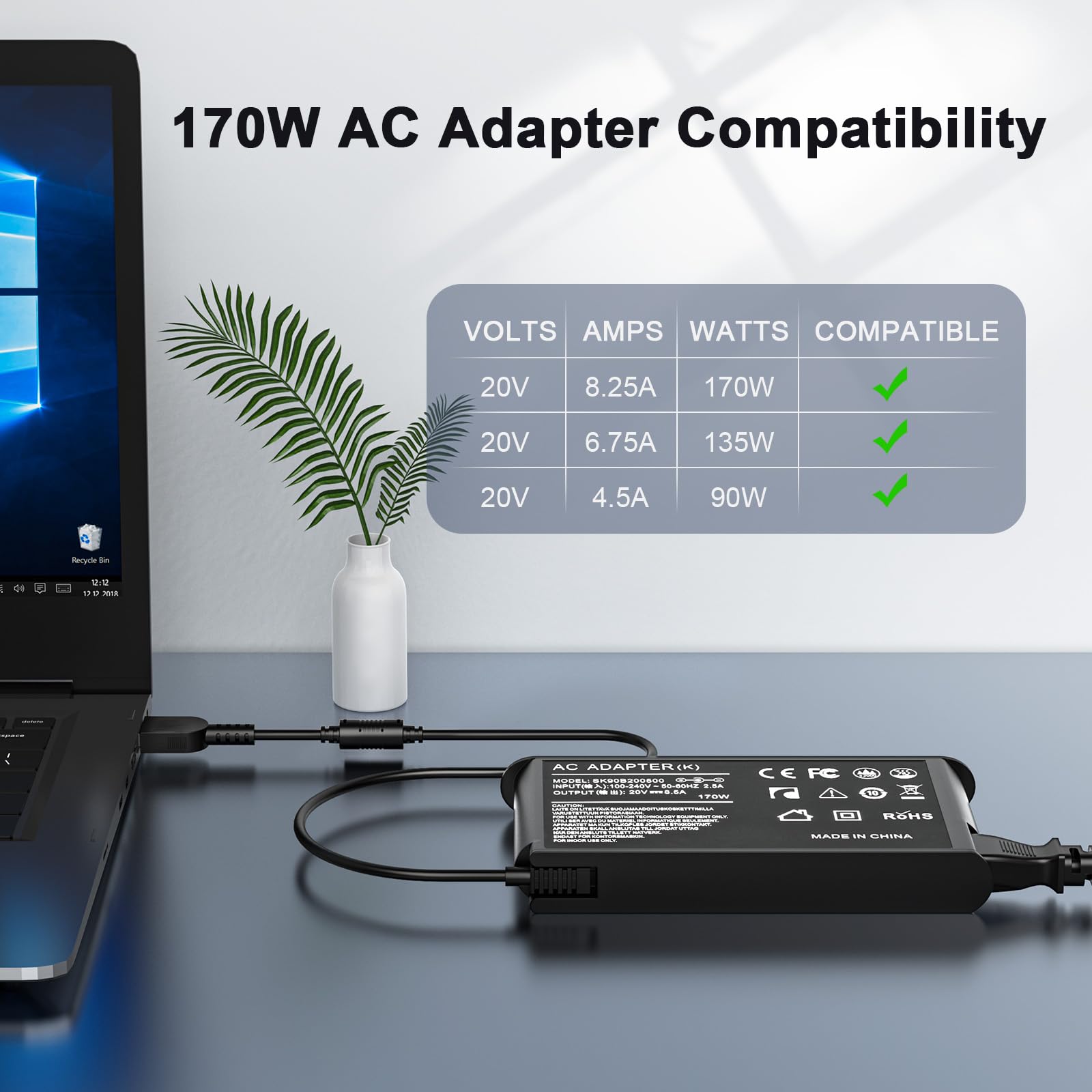 Govvep 170W Slim Tip Laptop Charger for Lenovo ThinkPad P53, P1, P15, T15p, X1 Extreme - Power Supply Cord, 170W-Square Tip