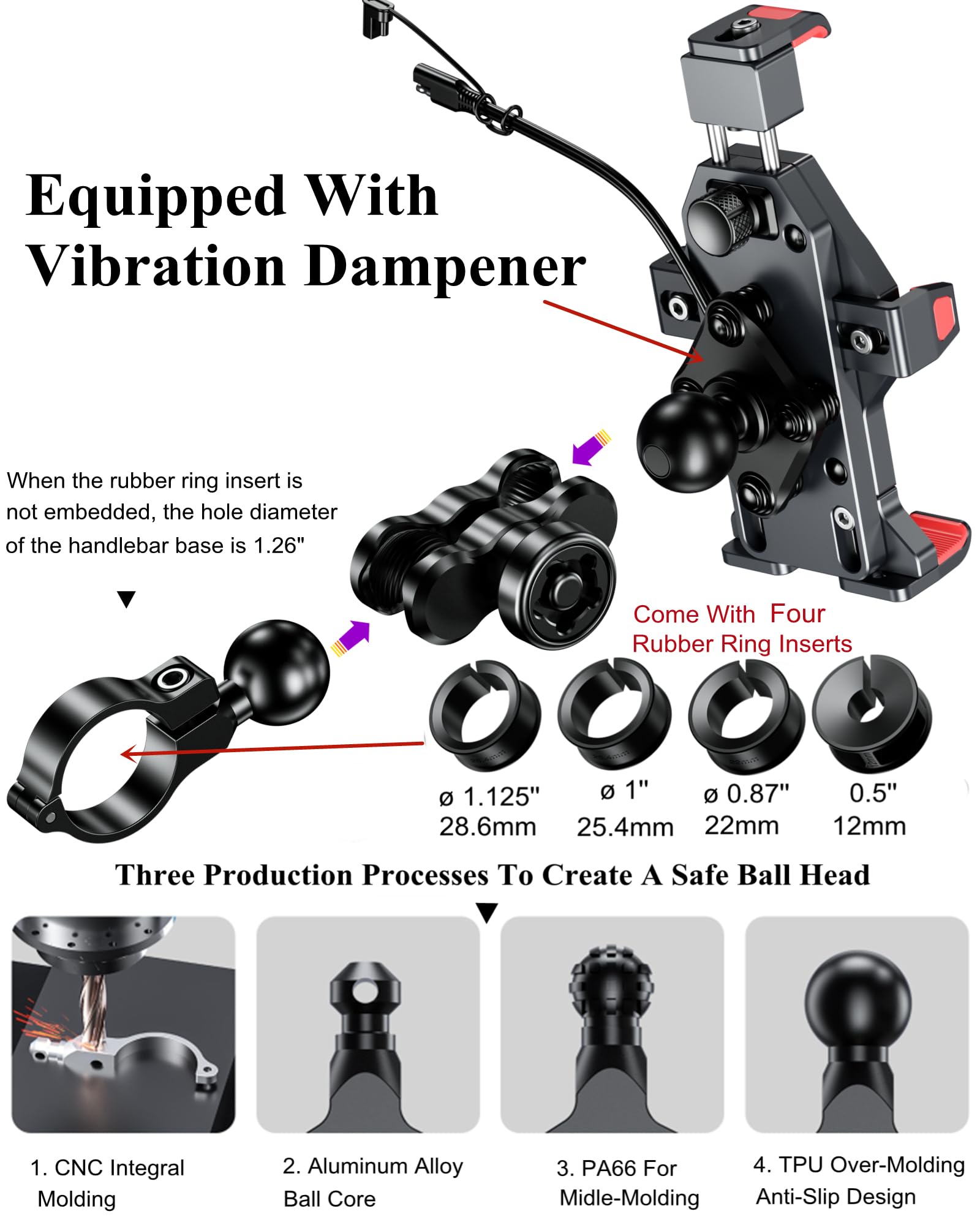 Brcovan Motorcycle Phone Mount With Qi 15W Wireless Charger & Vibration Dampener, Anti Theft, Anti Shake, Adjustable, Aluminum A