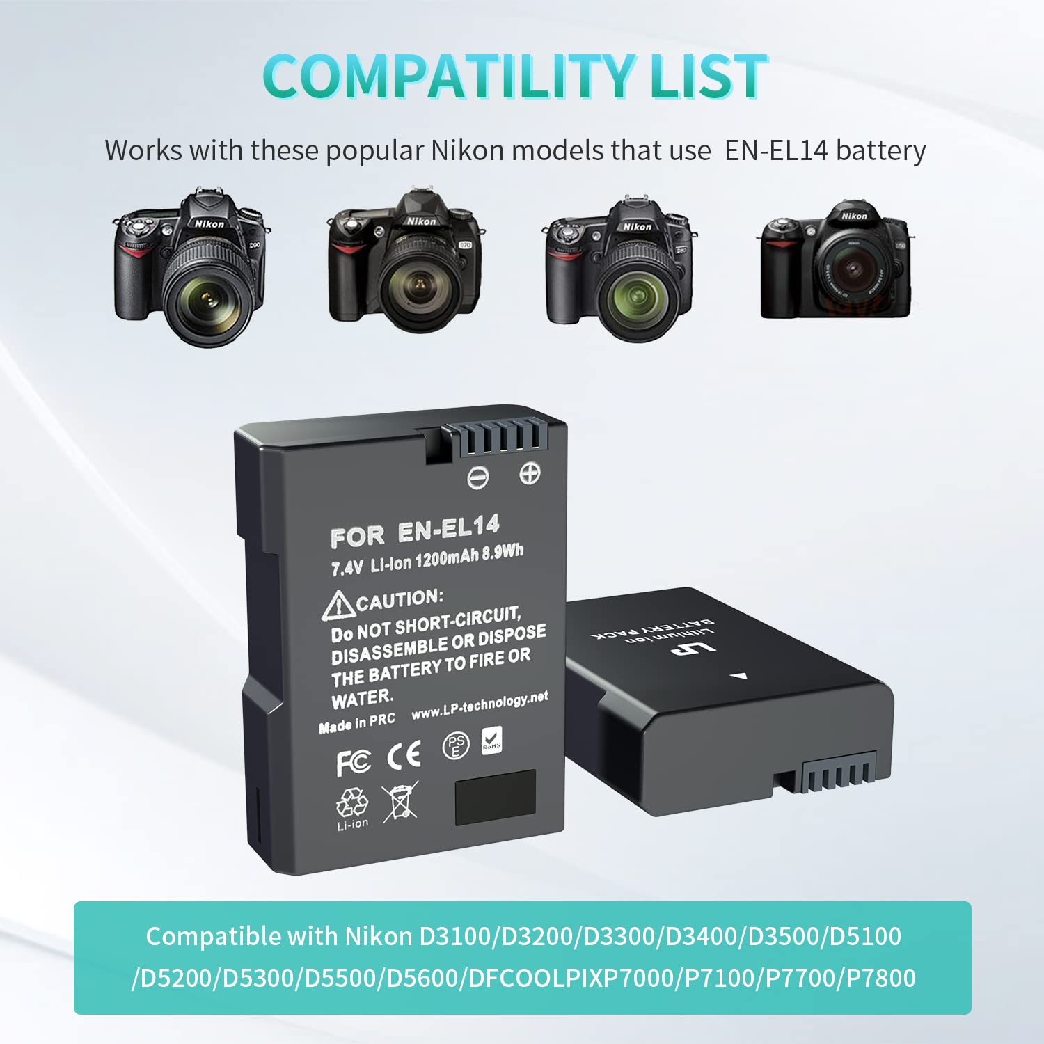 En El14 Battery Pack, Lp 2 Pack En El14A Replacement Battery, Compatible With D3500, D5600, D3300, D5100, D5500, D3100, D3200, D