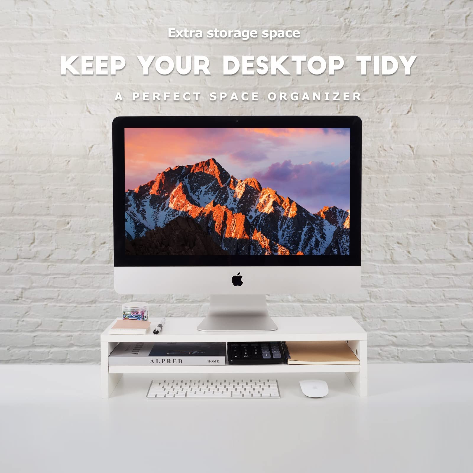 Beygorm Monitor Stand Riser White, 21.6 Inch 2 Tiers Wood Desk Shelf Computer Screen Stand With Storage For Desktop Laptop/Scree