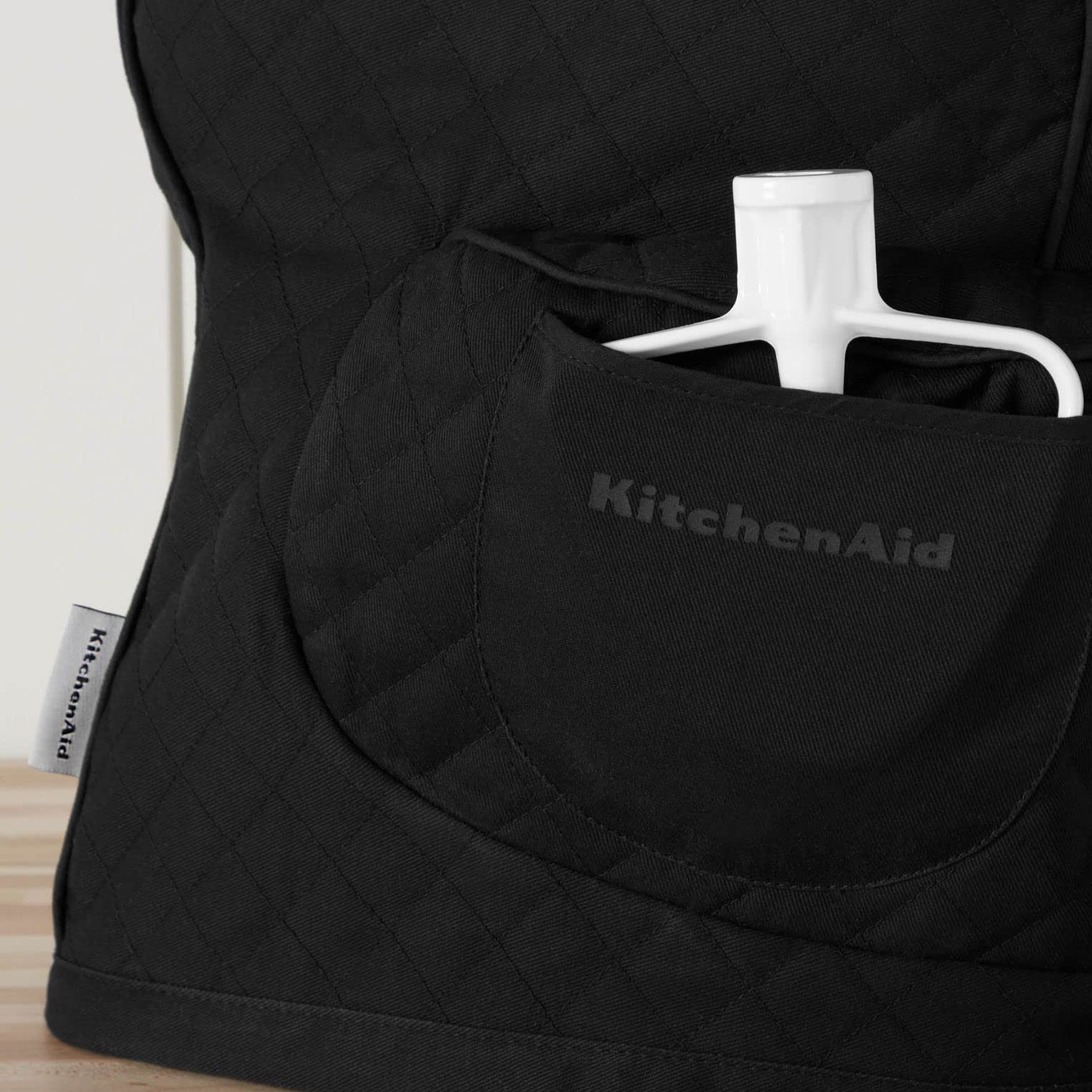 Kitchenaid Fitted Tilt Head Solid Stand Mixer Cover With Storage Pocket, Quilted 100% Cotton, Onyx Black, 14.4''X18''X10''
