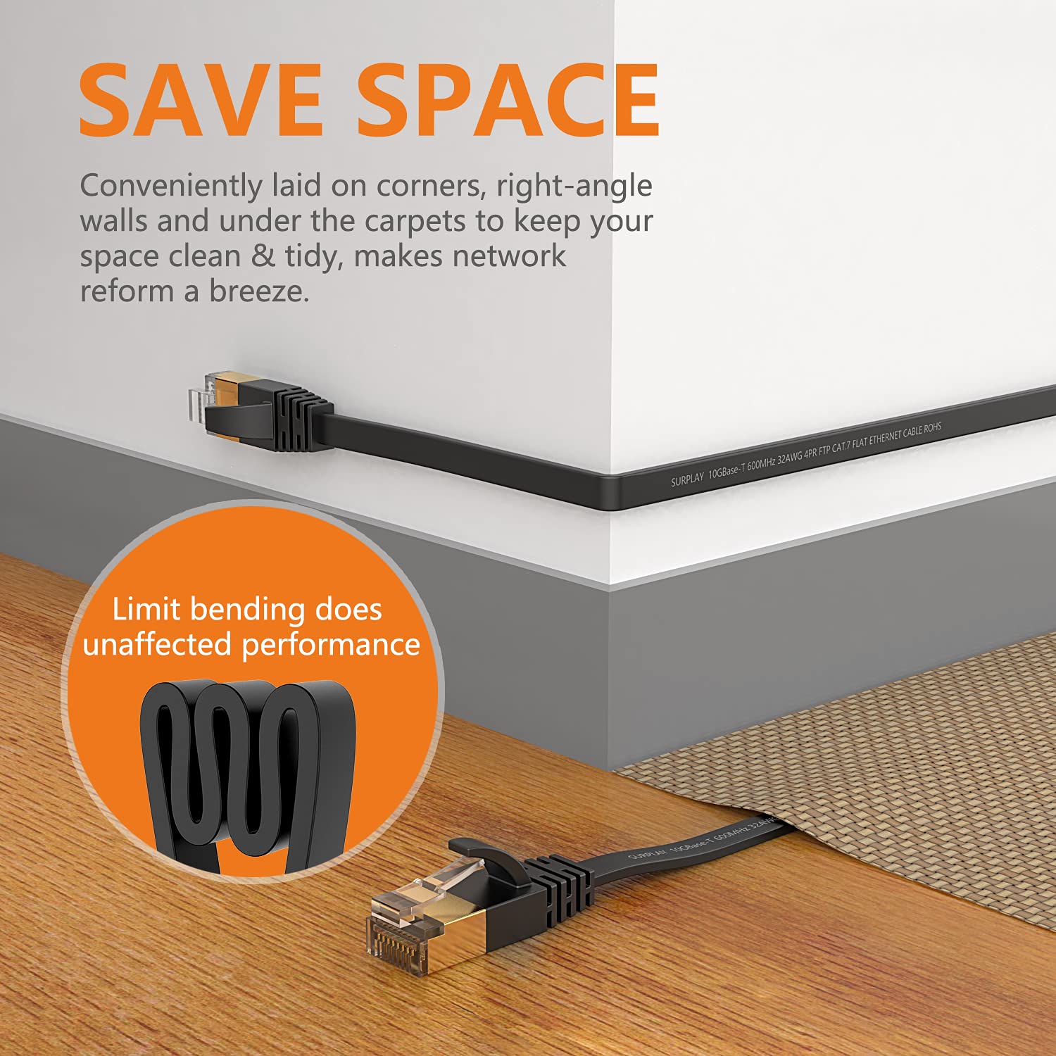 Surplay Cat7 5Pack 3Ft Ethernet Cable Black 10Gbps Shielded & Ground Wire Internet Network Flat Patch Cord,Ultra Slim Gold Plate