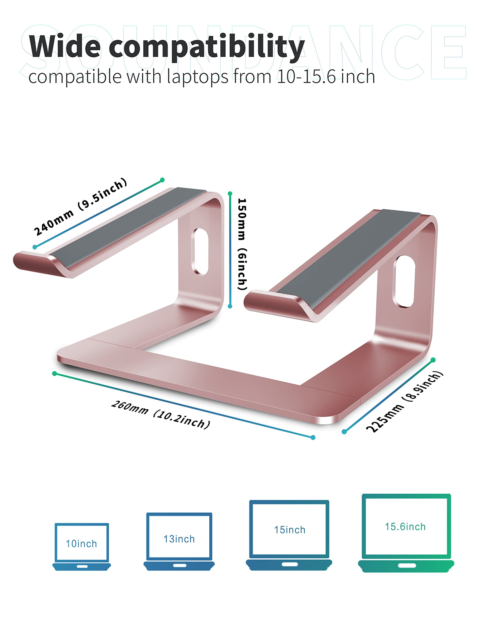 Soundance Laptop Stand, Aluminum Computer Riser, Ergonomic Laptops Elevator For Desk, Metal Holder Compatible With 10 To 15.6 Inches Notebook Computer, Gold Pink