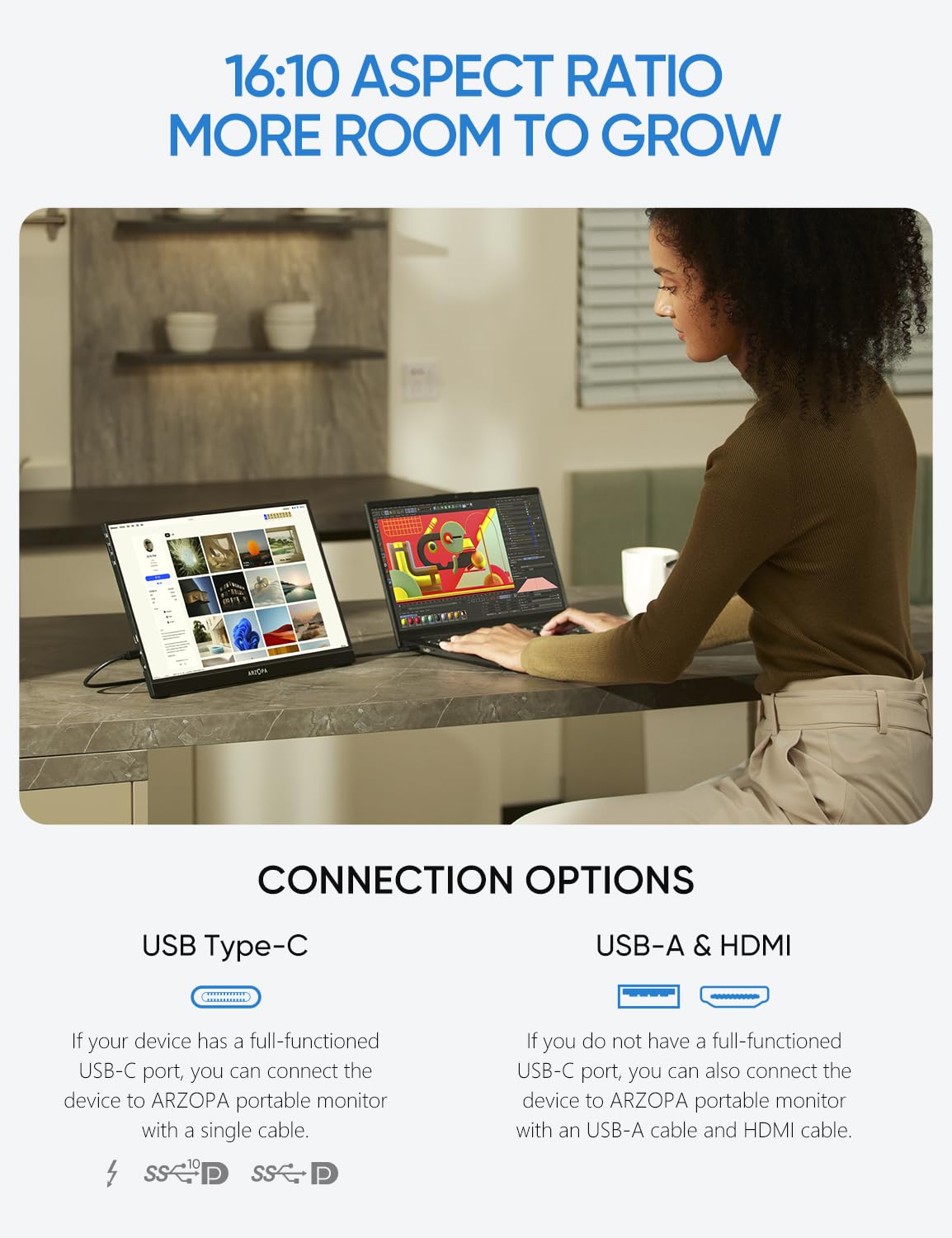 Arzopa 16'' 2.5K Portable Monitor, 2560X1600 Qhd Ips Display 123% Srgb With Built In Stand Usb C Hdmi Eye Care External Second S