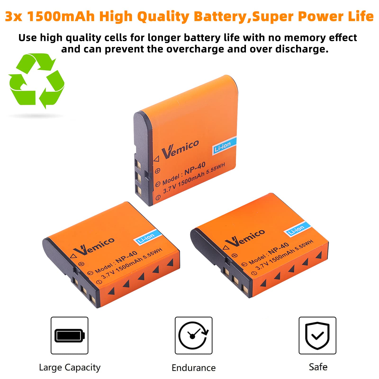 Vemico Np 40 Battery Charger Kits 3 Pack 1500Mah Camcorder Batteries Dual Charger For Video Camera Camcorders Casio Np 40,Kodak