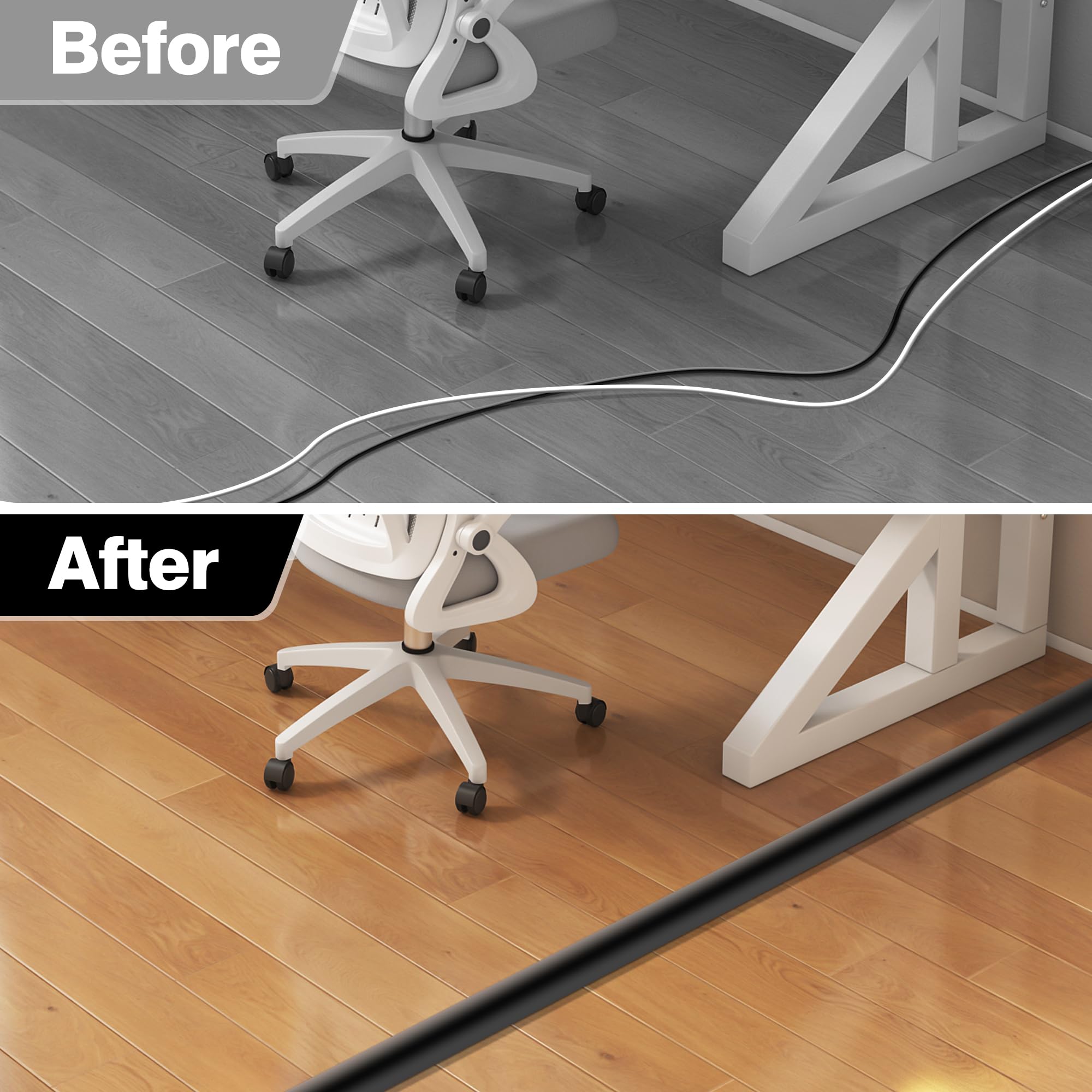 CrocSee Self-Adhesive Floor Cord Cover Cable Hider Low Profile PVC Black 6ft MCC-7B-173