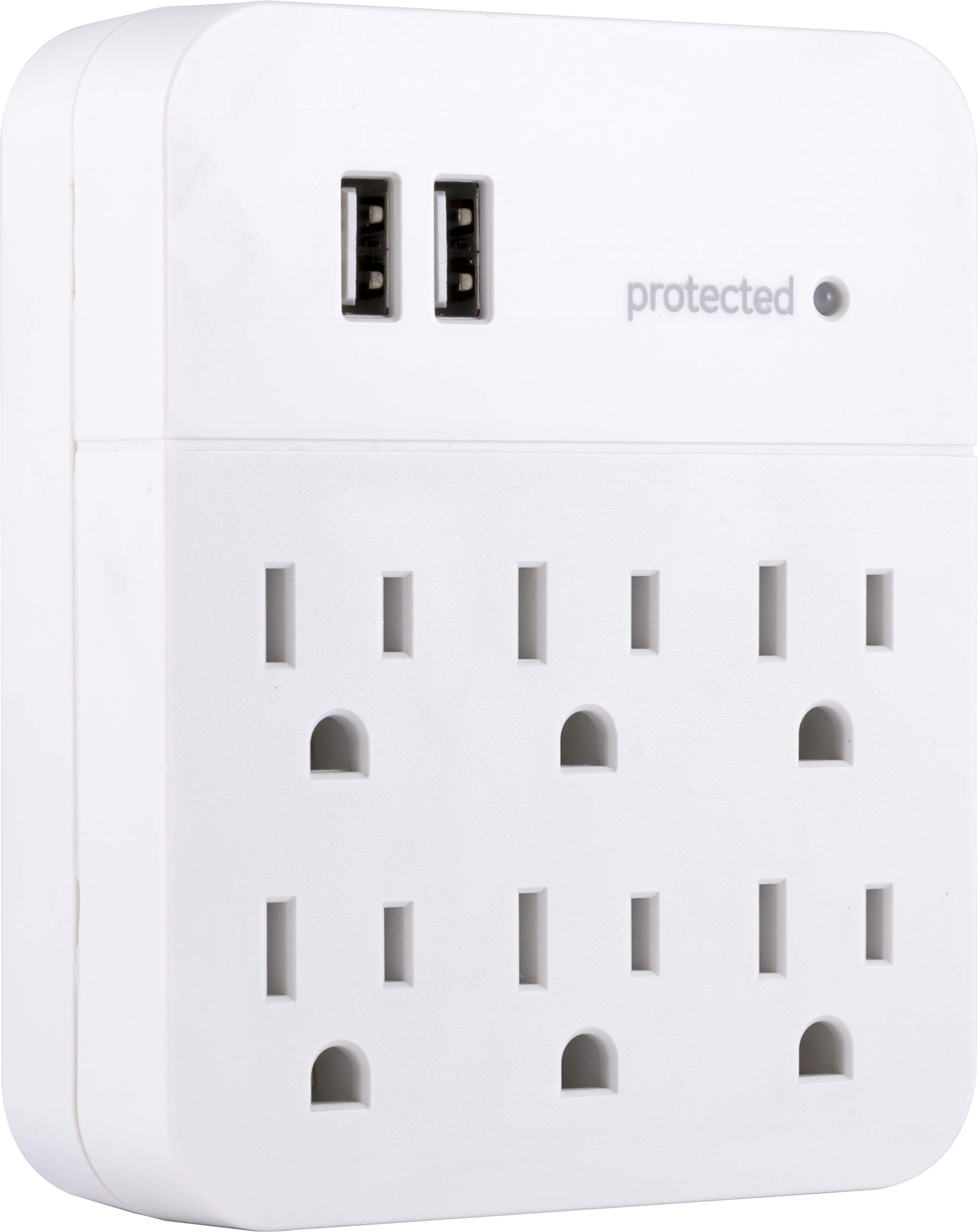 Ge 6-Outlet Extender Surge Protector With 2 Usb Ports, Charging Station, Wall Tap Adapter, Protected Indicator Light, 3-Prong, 5