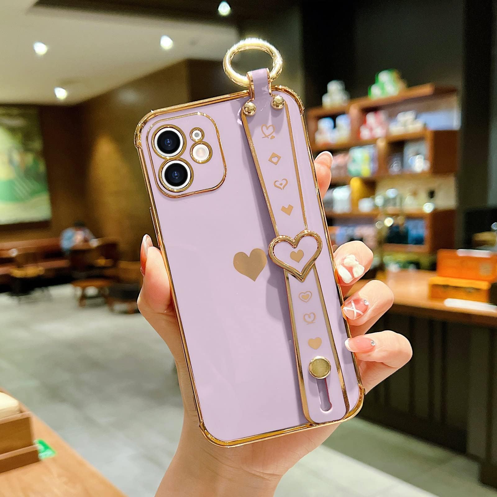 Llz.Coque For Iphone 12 Case Cute Love Heart Plating Wristband Phone Cover For Women Girls Bling Soft Silicone Camera Lens Prote