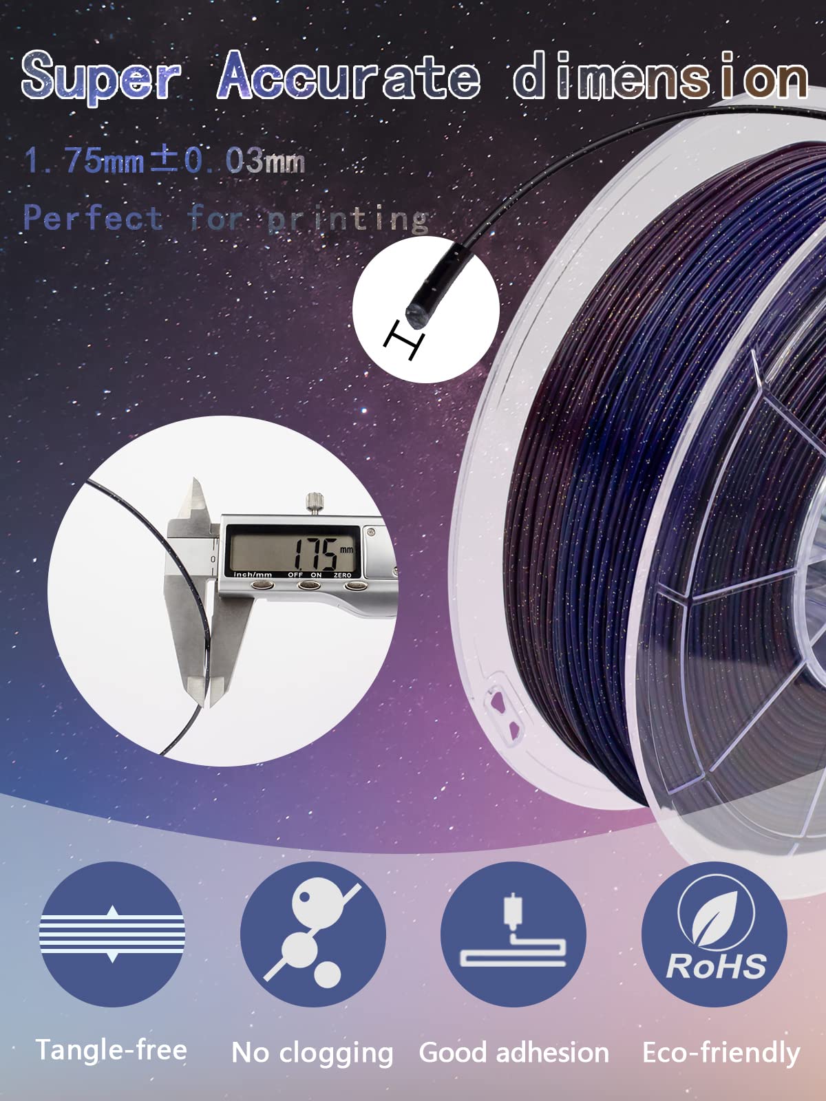 Ziro 3D Printer Filament,Gradient Twinkling Pla Filament 175Mm, Multicolor Pla Filament, 1Kg22Lb, Starry Sky