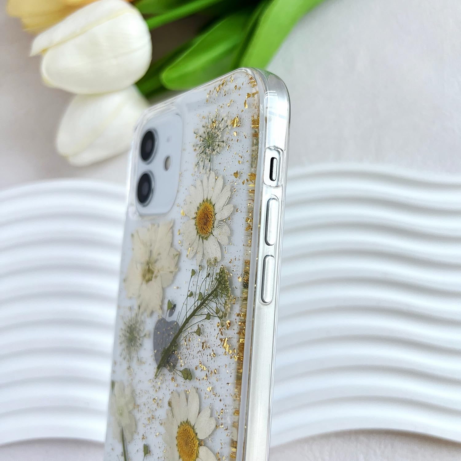 Lseeka For Iphone 12/ Iphone 12 Pro Clear Case With Pressed Real Flowers Design,Glitter Cute White Floral Pattern Slim Soft Tpu